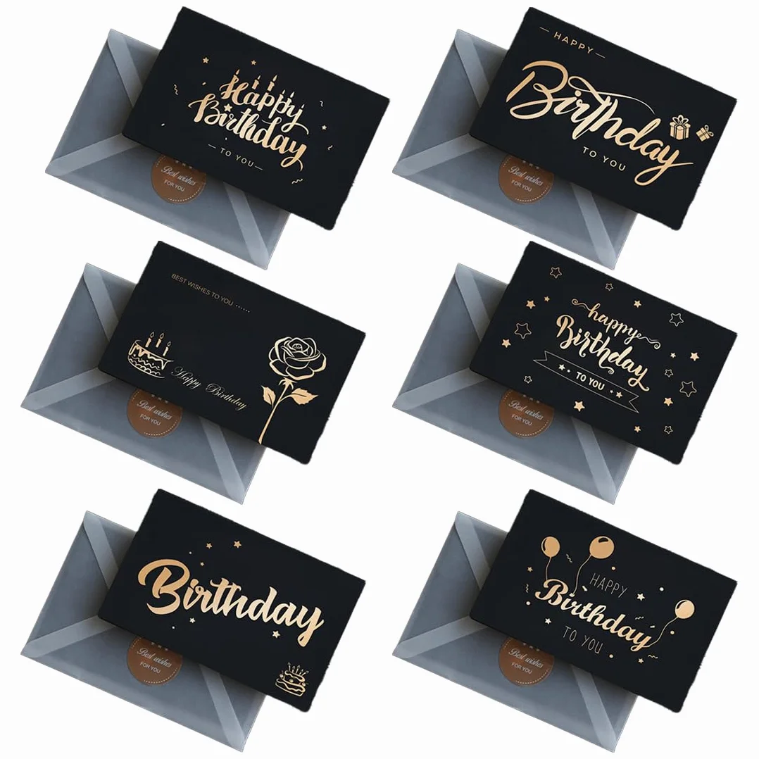 RUKAN 6 Pezzi Biglietto Auguri Compleanno con Busta e Adesivi - Nero e Oro, Biglietto di Auguri Minimalista
