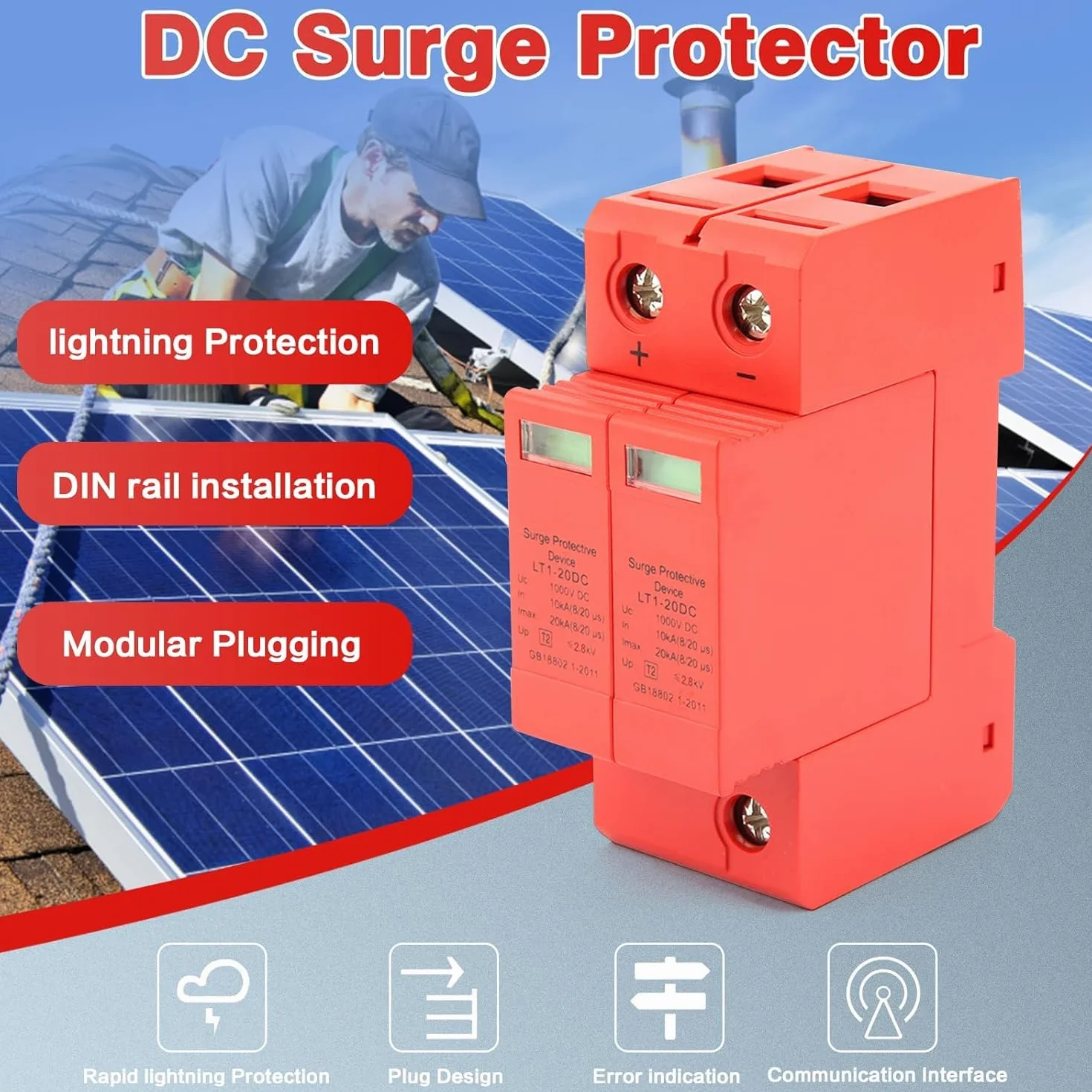 DEWIN Scaricatore DC 1000V 2P 10KA~20KA Dispositivo di Protezione Contro Sovratensioni