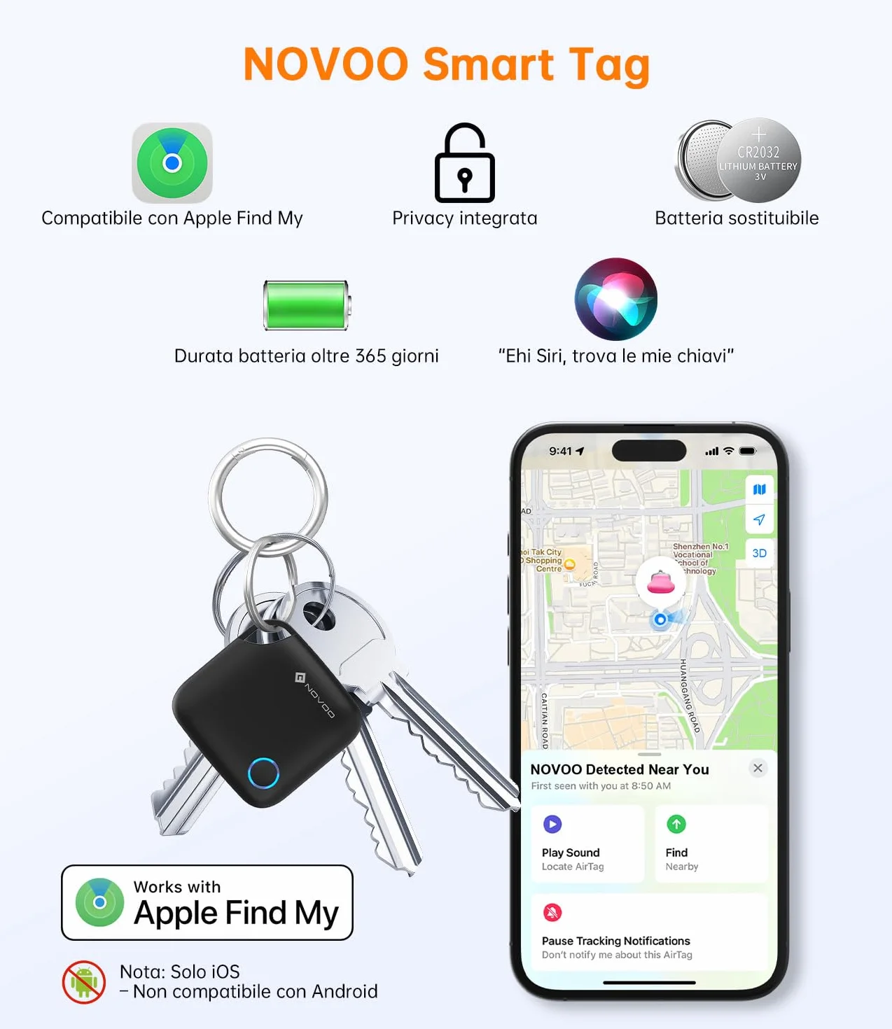 NOVOO Smart Tag Apple Find My Localizzatore Oggetti Allarme 80 dB Batteria Sostituibile Blocco Bambini Tracker Chiavi Portafoglio Bagagli 4 Pezzi