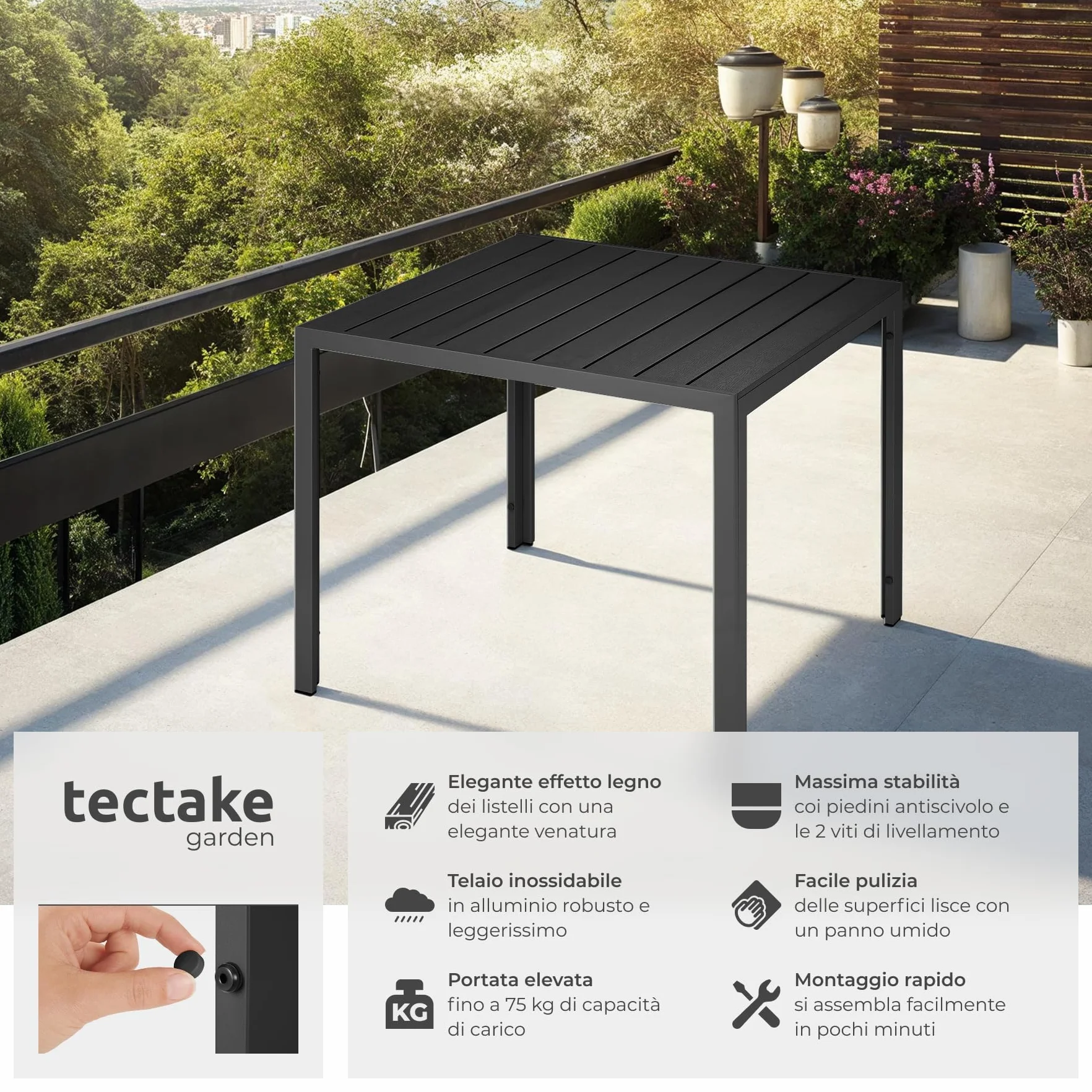 tectake®, Tavolo da Giardino in Alluminio, Tavolo da Esterno, Tavolino da Balcone, Effetto Legno, Regolabile, Resistente Intemperie, Ideale come Arredamento per Terrazzo, 90x90x74,5cm - nero