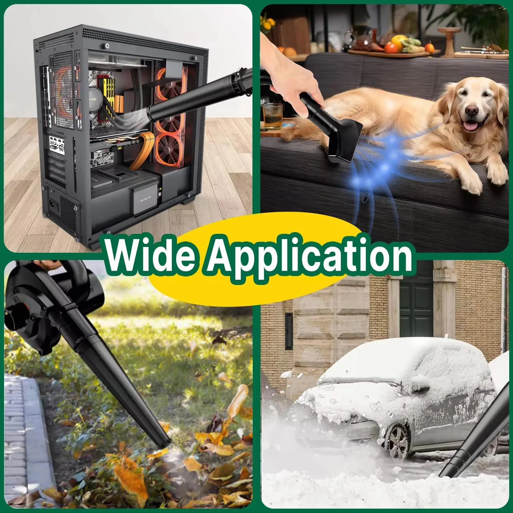 Soffiatore Cordless con 2 Batterie, soffiatore per Pulizia Casa e Giardino, Nero,verde, beccuccio tondo