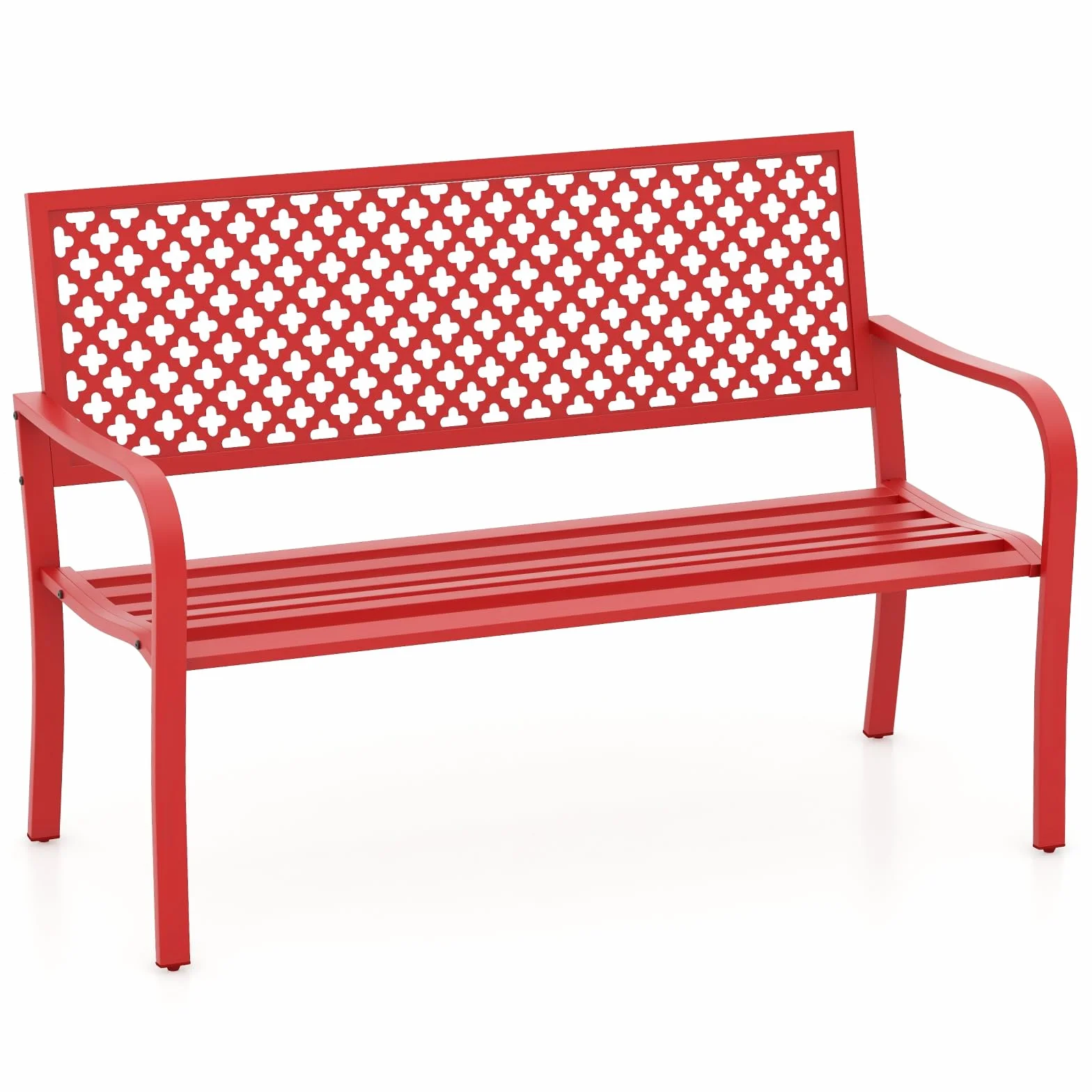 RELAX4LIFE Panchina da Esterno a 2-3 Posti, Panchina da Giardino a Doghe in Metallo con Schienale e Braccioli Curvati, Intagliata a Rete, Max 300kg per Cortile/Parco, 127x62x86cm (Modello 25, Rosso)