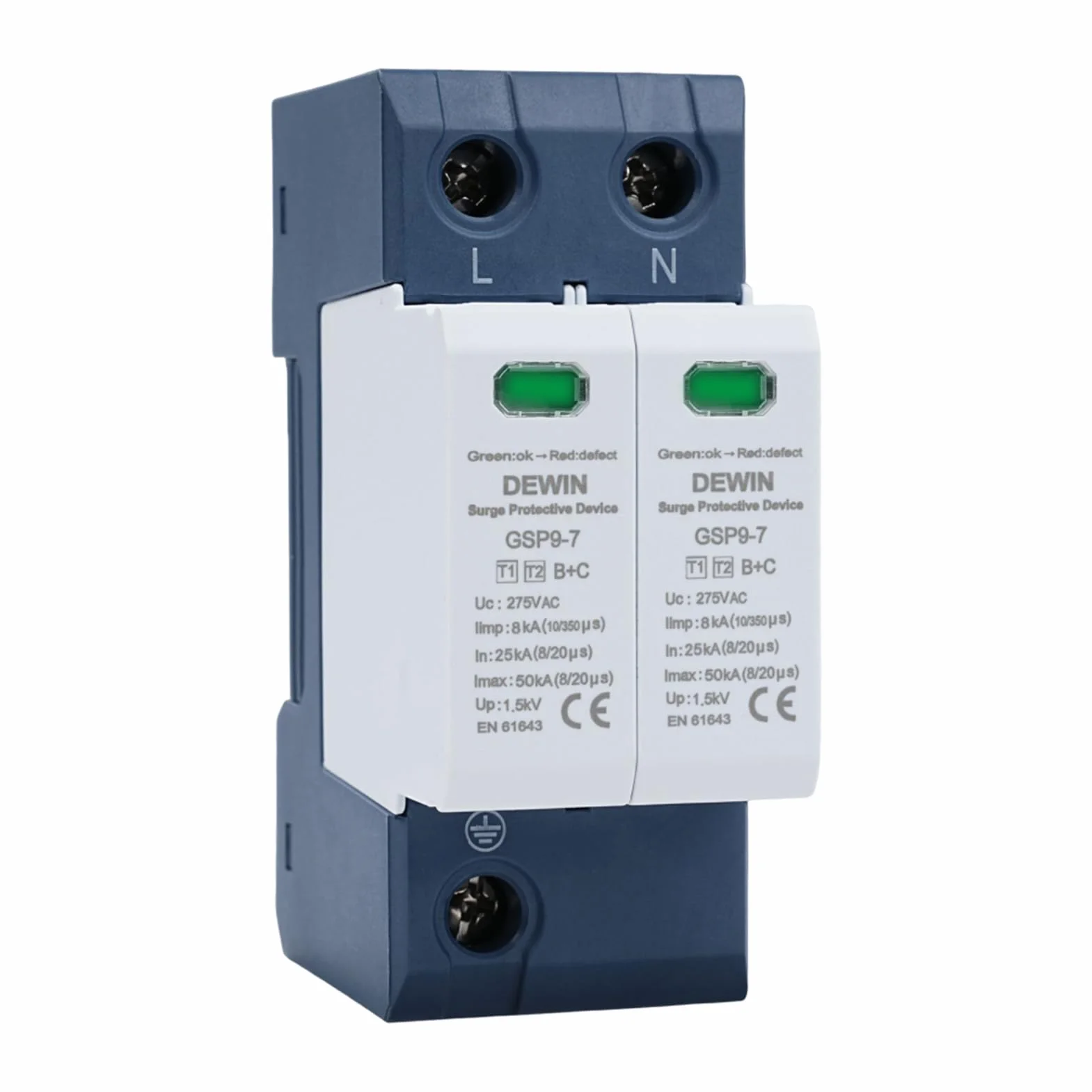 DEWIN Scaricatore di Sovratensione 2P AC 275V 25KA~50KA Dispositivo Protezione Fulmini Bassa Tensione