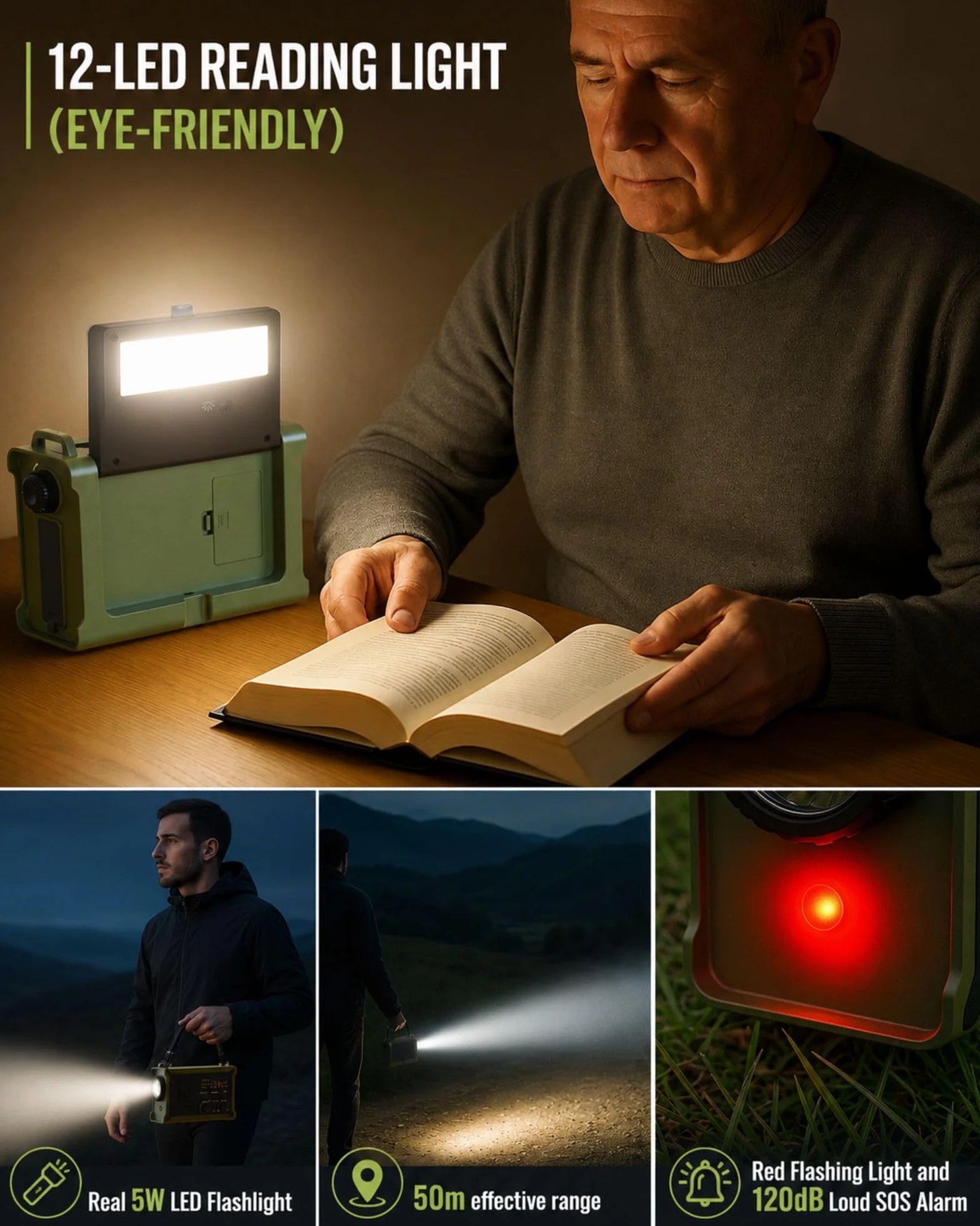 Radio meteorologica di emergenza AM/FM/NOAA solare manovella LED torcia USB SOS