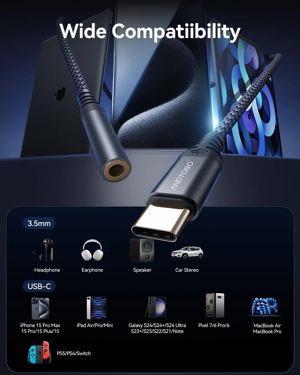 Adattatore USB C Jack 3,5mm per iPhone 16/15 Pro Max Plus, iPad Pro Air, Galaxy S24 Ultra S23 S21 S20