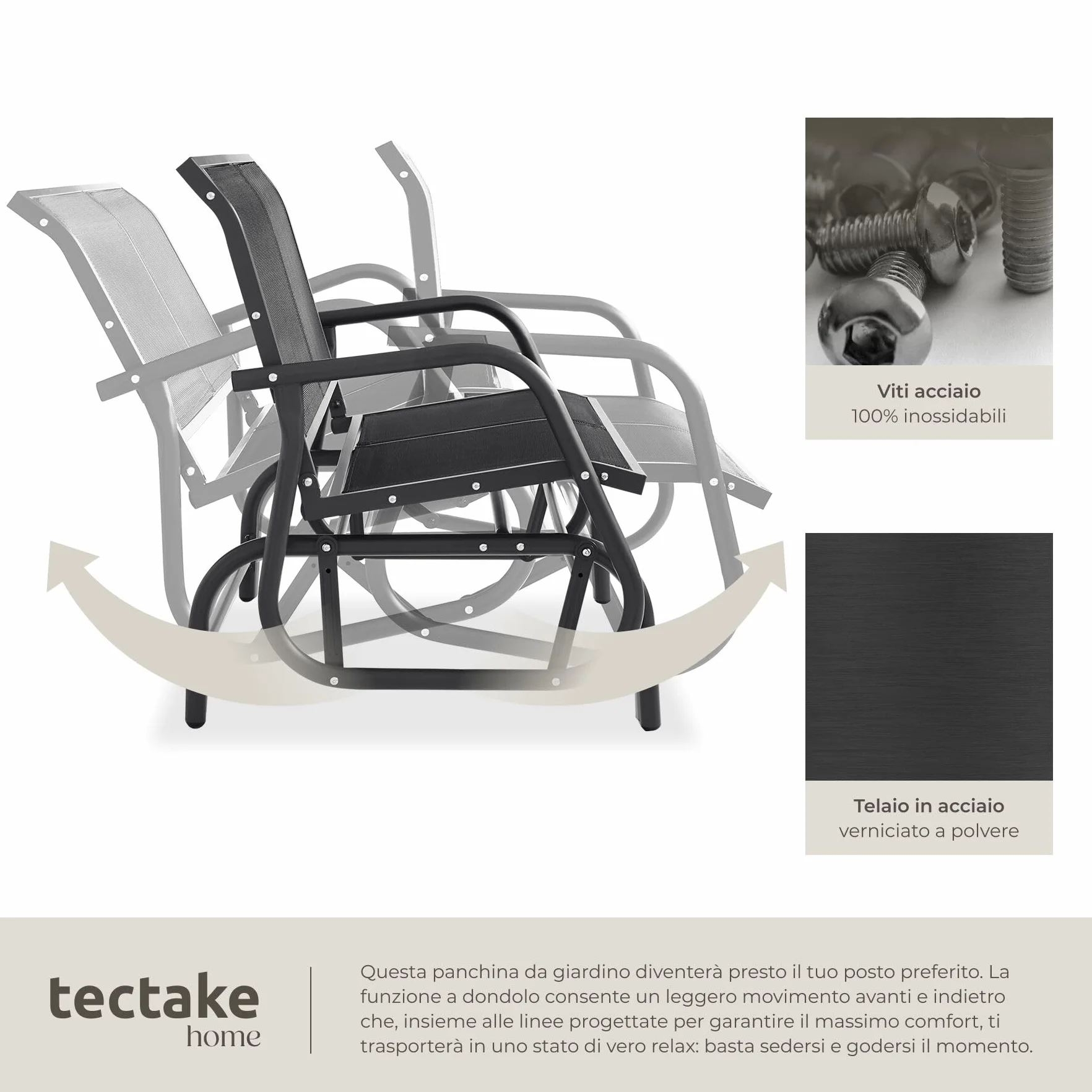 tectake® Panca da Giardino con Meccanismo Basculante, Panchina da Esterno a Dondolo 2 Posti, Telaio in Acciaio Verniciato, Panca con Schienale, 121 x 72 x 86,5 cm - Nero