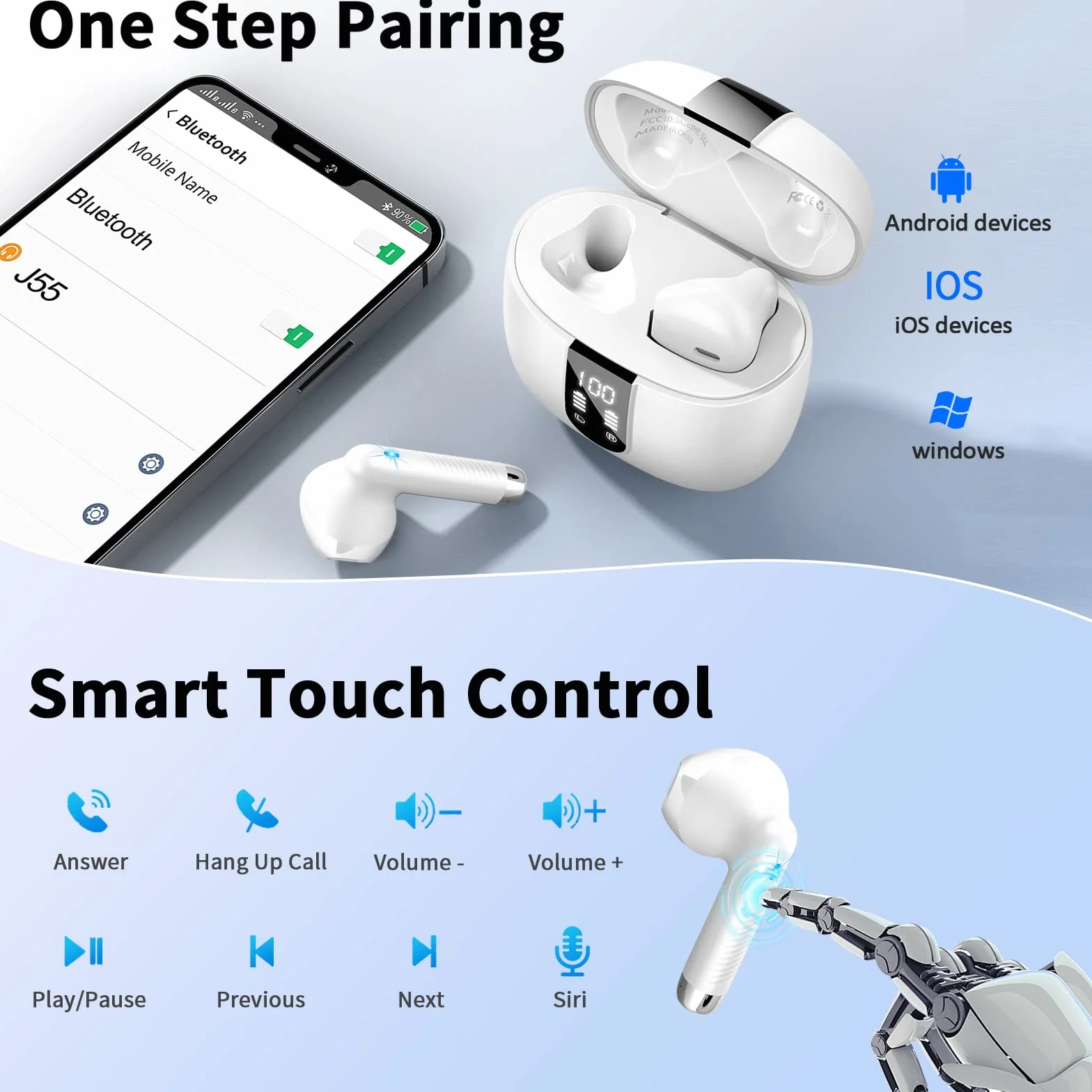 Cuffie Bluetooth 5.4 Wireless In-Ear con 4 Mic ENC Cancellazione Rumore, IP7 Impermeabile HiFi Stereo USB-C Bianco