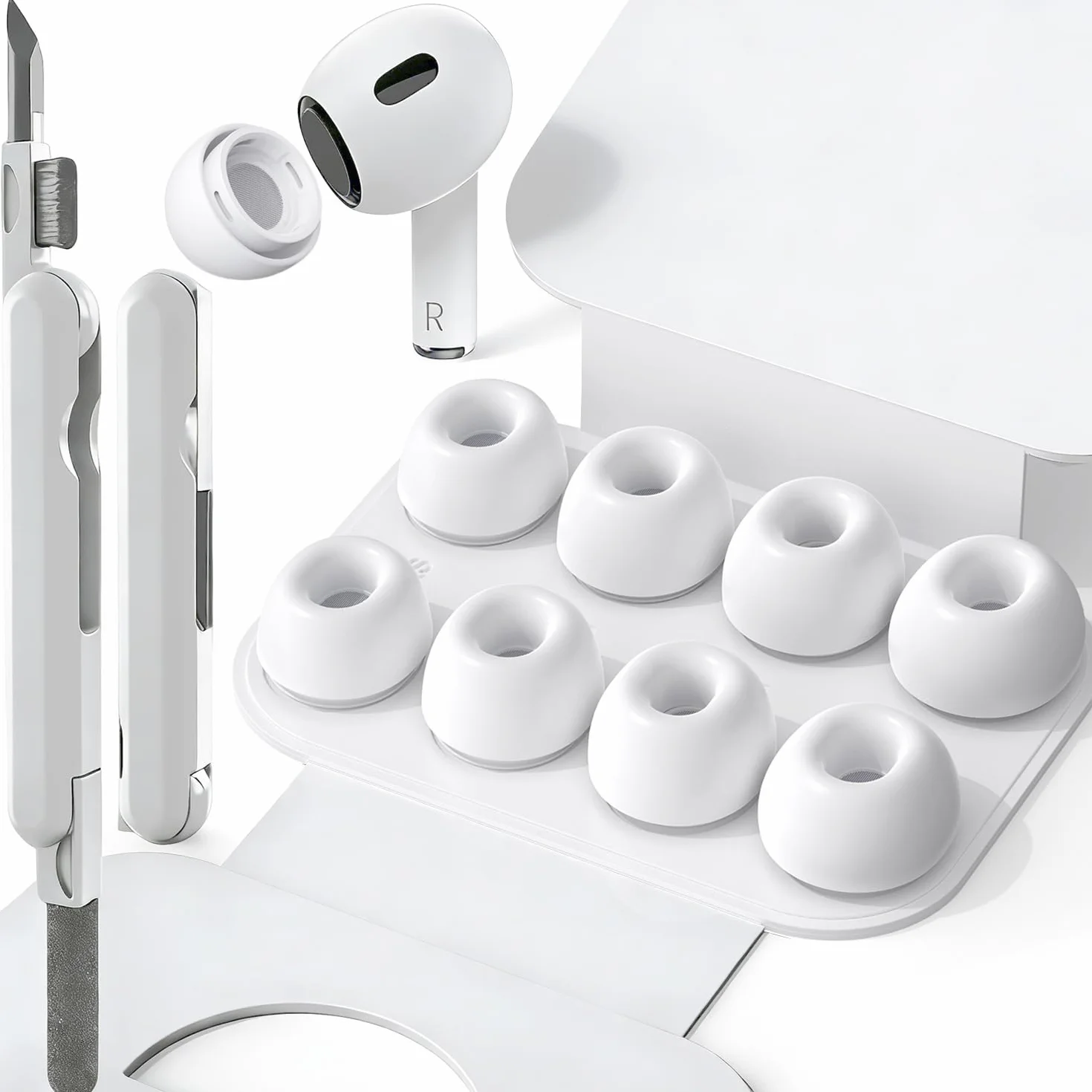 SIXFU Cuscinetti Gommini per AirPods Pro 1 2, 4 Misure XS/S/M/L con Scatola e Kit Pulizia