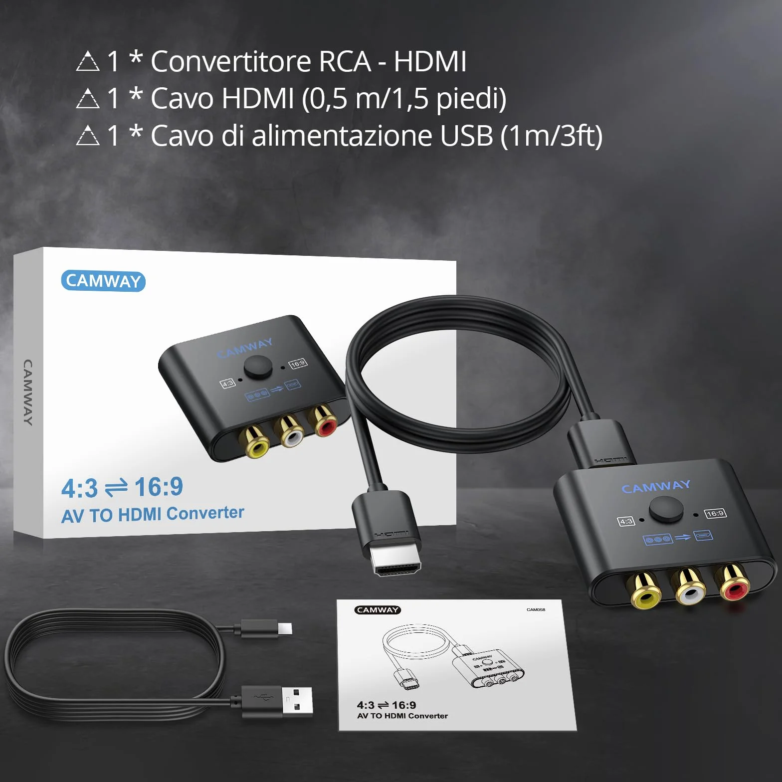CAMWAY Convertitore AV a HDMI, Supporta 16:9/4:3, Adattatore con Cavo HDMI 50cm, PAL/NTSC per Wii/PS1/PS2/N64/Xbox
