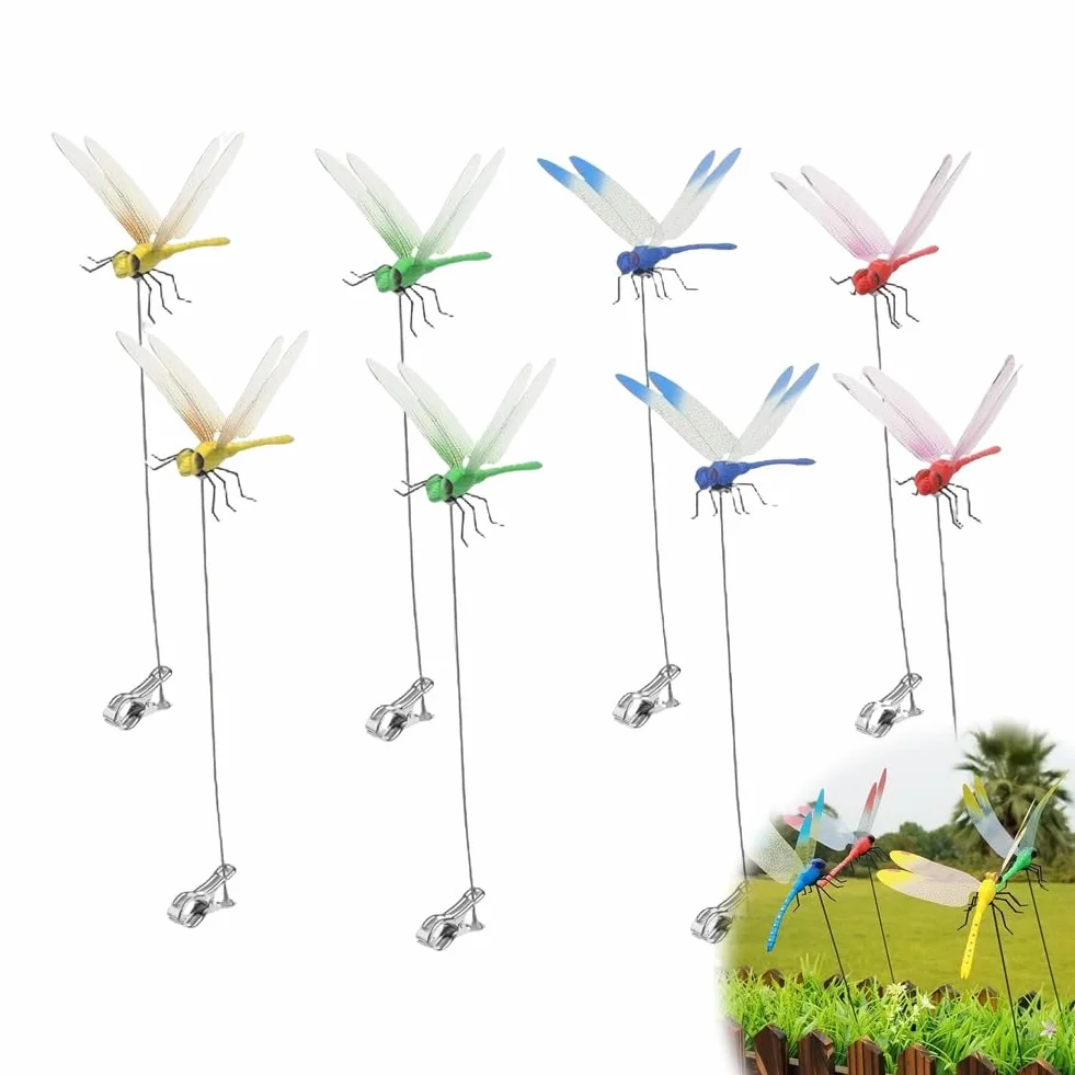 Repellente per Insetti a Clip a Forma di Libellula, Decorazione 3D a Forma di Libellula con Bastoncini, Decorazione da Giardino Simulata, Multicolore, Impermeabile(Mix-8pcs#)