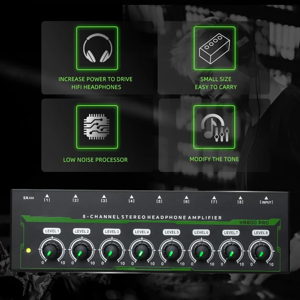HA800 Pro 8 Canali Amplificatore per Cuffie Stereo RGB per Mixer Musicale Registrazione