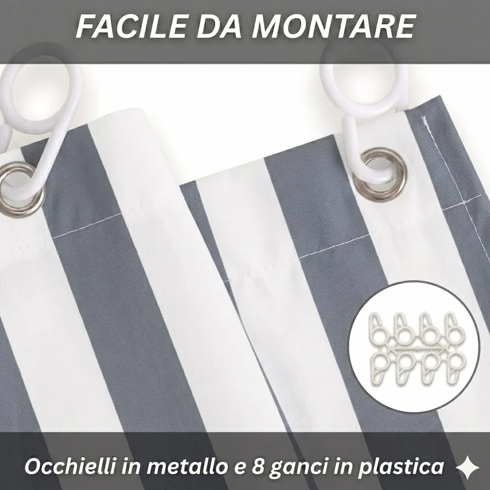 Tenda Da Sole per Esterno con Anelli e Ganci,Tende da Sole per Balconi Terrazzo con Frange, Resistente e Lavabile, Righe (Grigio, 280x300)