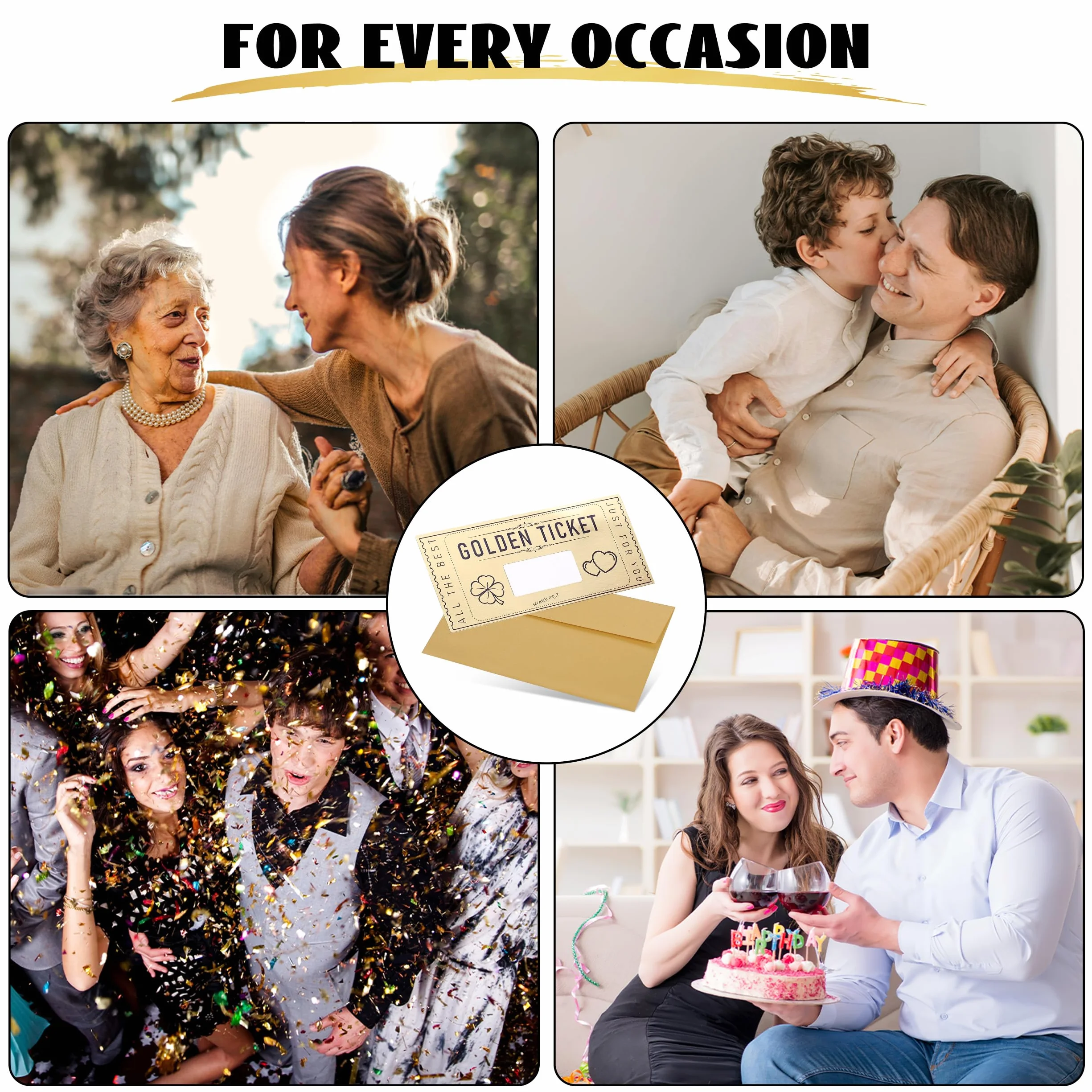 DasWas 2 Biglietti D'oro Voucher, Buoni Regalo da Grattare, Regalo Personalizzato in Busta Scintillante