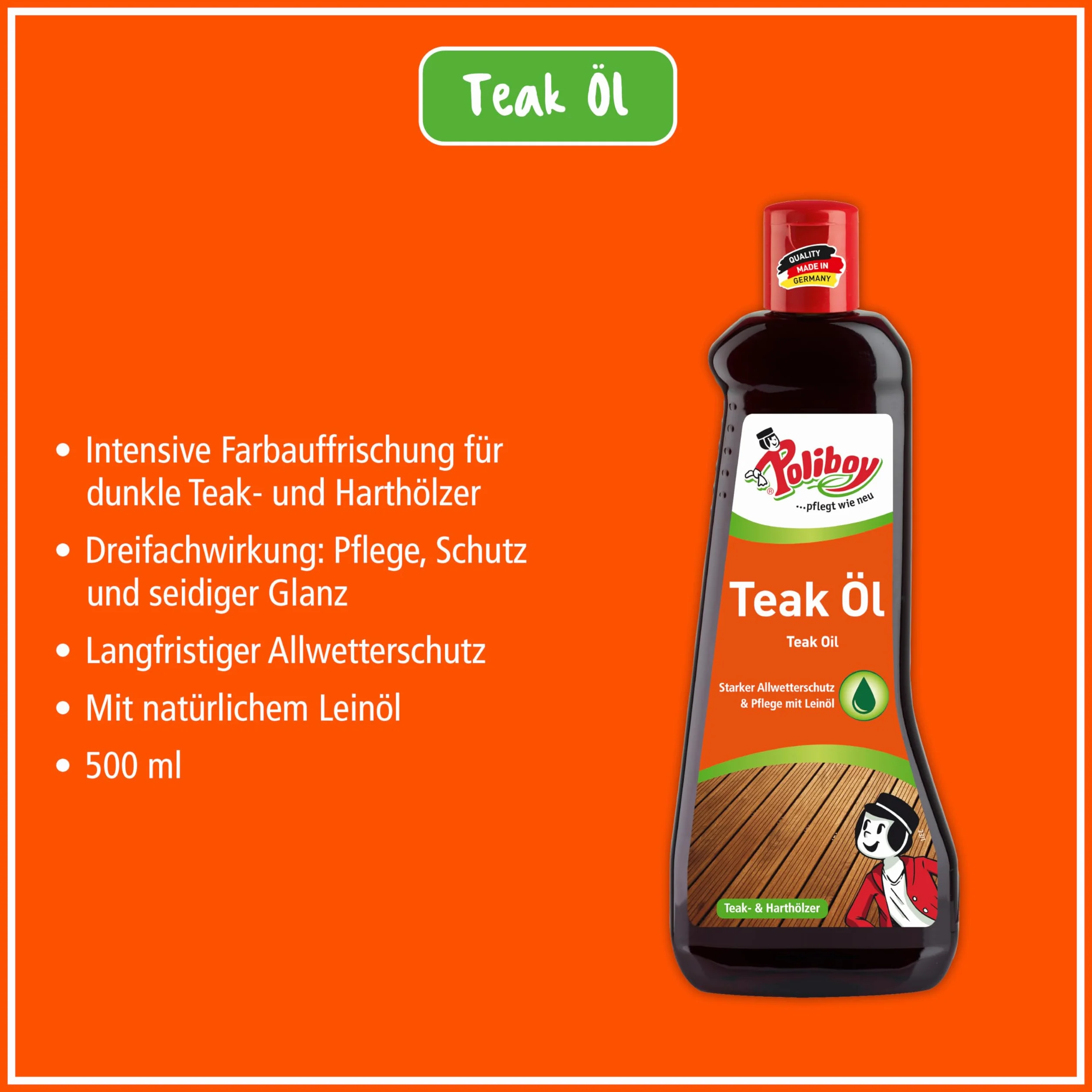 Poliboy Olio per Legno Teak, Cura del Legno per Legni Duri Scuri, Protezione e Rinnovamento Colori, 2x500 ml, Prodotto in Germania