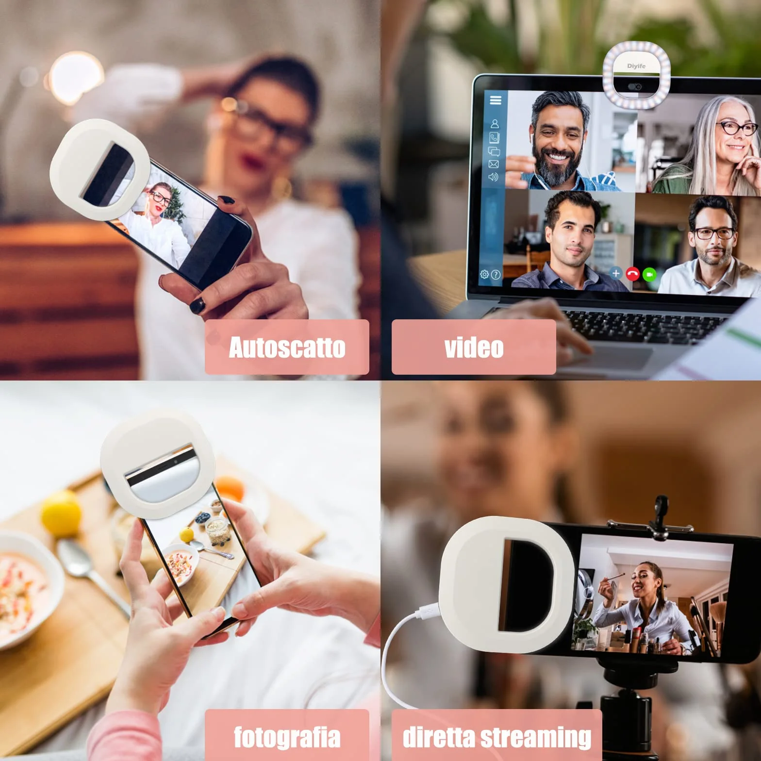 Diyife Selfie Ring Light 60 LED Ricaricabile 5 Livelli di Luminosità con Cavo USB per YouTube TikTok Smartphone