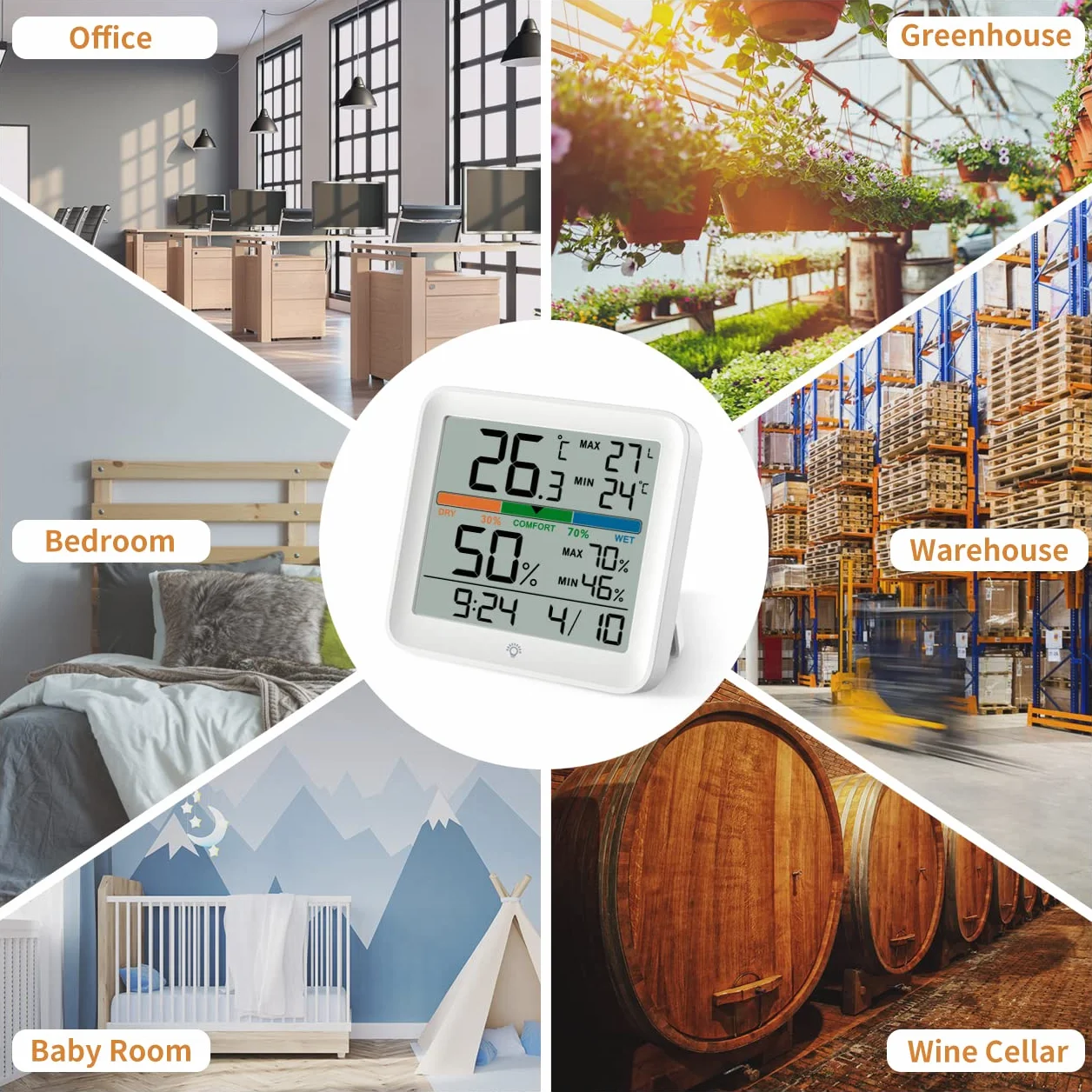 NOKLEAD Igrometro Termometro per interni Misuratore di umidità digitale LCD retroilluminato con orologio Registrazioni max/min