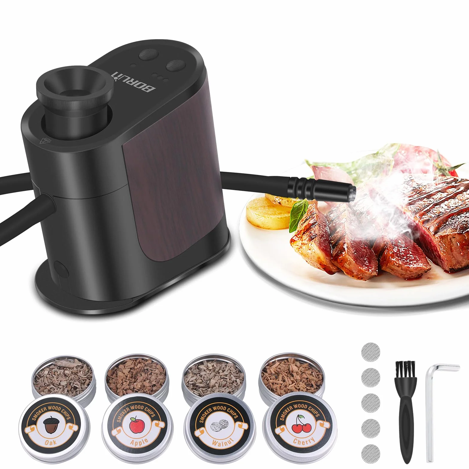 BORUIT BQ500 Affumicatore per Alimenti, Fumatore Portatile con 4 Pezzi di Trucioli di Legno, Pistola Fumogena in Lega di Alluminio per Cucina, Carne, Salmone, Cocktail, Formaggio, Barbecue