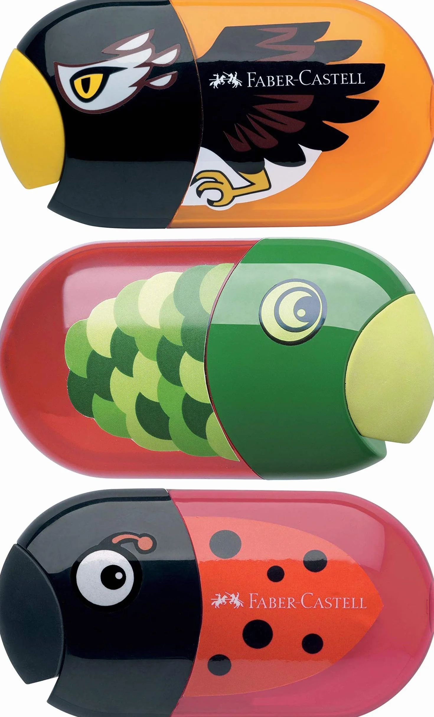 Faber-Castell Doppio temperamatite con gomma coccinella pesce aquila