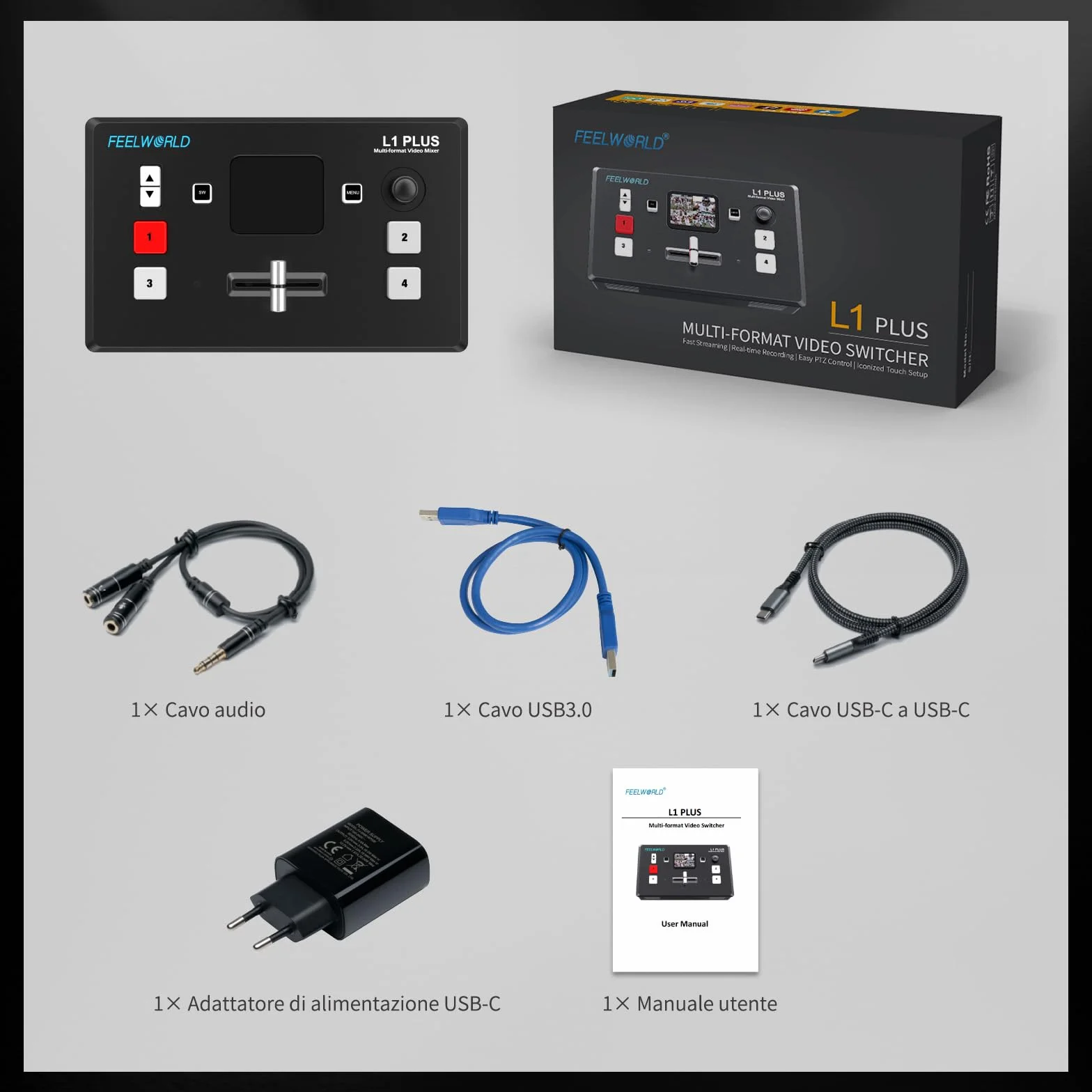 Feelworld L1PLUS Multi Camera Video Mixer Switcher with PTZ Controller HDMI USB3.0 2" Touch Screen
