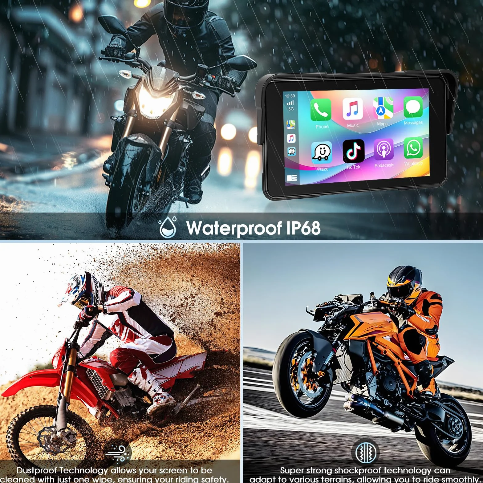 A-pple CarPlay Display Moto Android Auto IP68 Touchscreen HD 5 Pollici Autoradio Portatile Navigazione GPS Bluetooth Radio FM