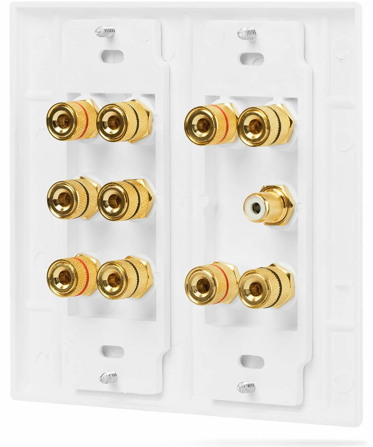 Fosmon 2-Gang 5.1 Surround Home Theater Wall Plate Gold Plated Copper Banana Binding Post Coupler for 5 Speakers 1 RCA Subwoofer White