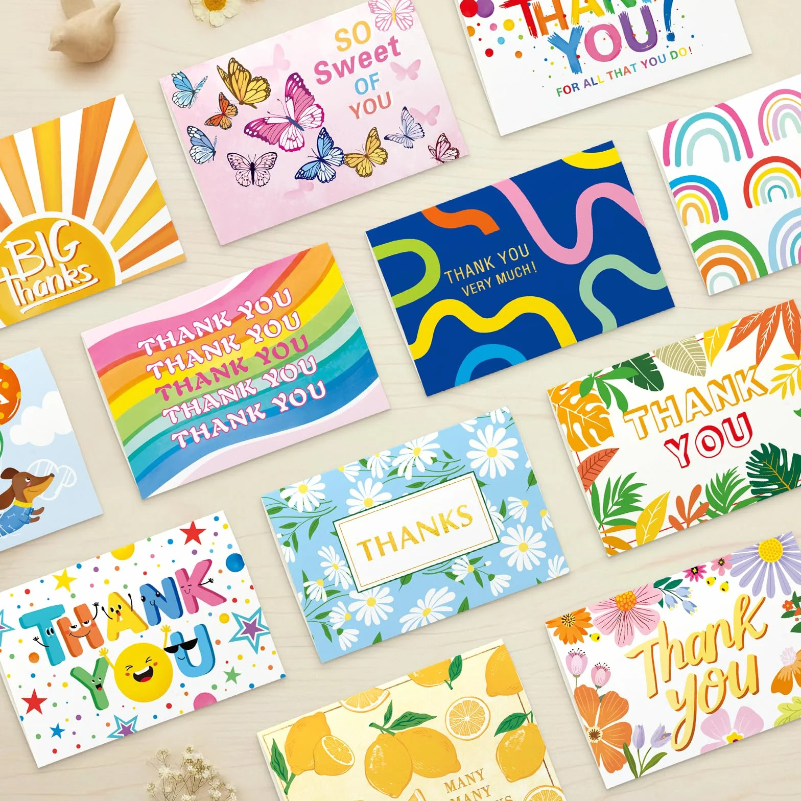 48 Pezzi Biglietti di Ringraziamento in Assortimento, 12 Design Unici con 50 Adesivi e 48 Buste, Carta 4x6in