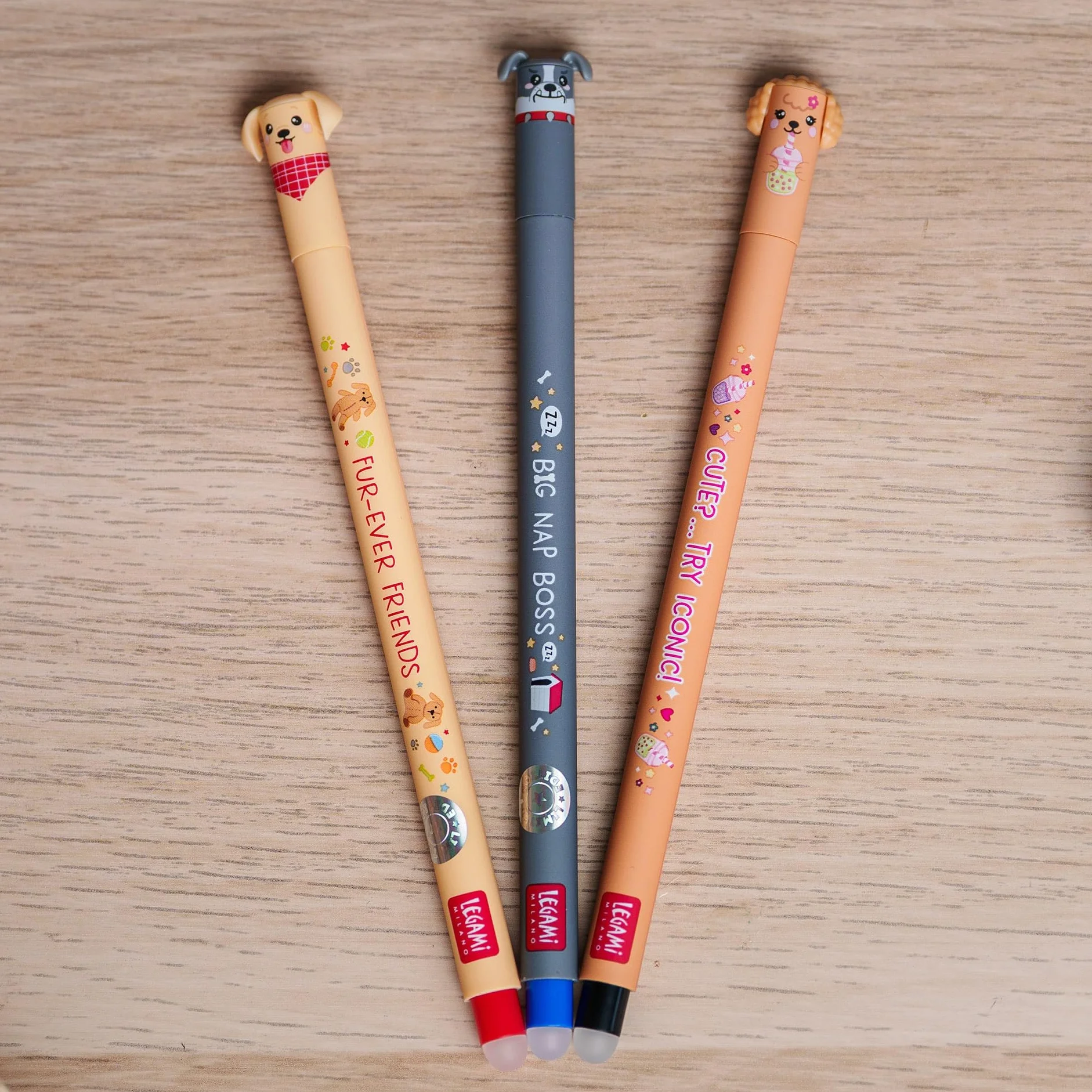 Legami Set di 3 Penne Gel Cancellabili Fur-ever Friends, Inchiostro Termosensibile, Nero, Blu, Rosso, Punta 0,7 mm