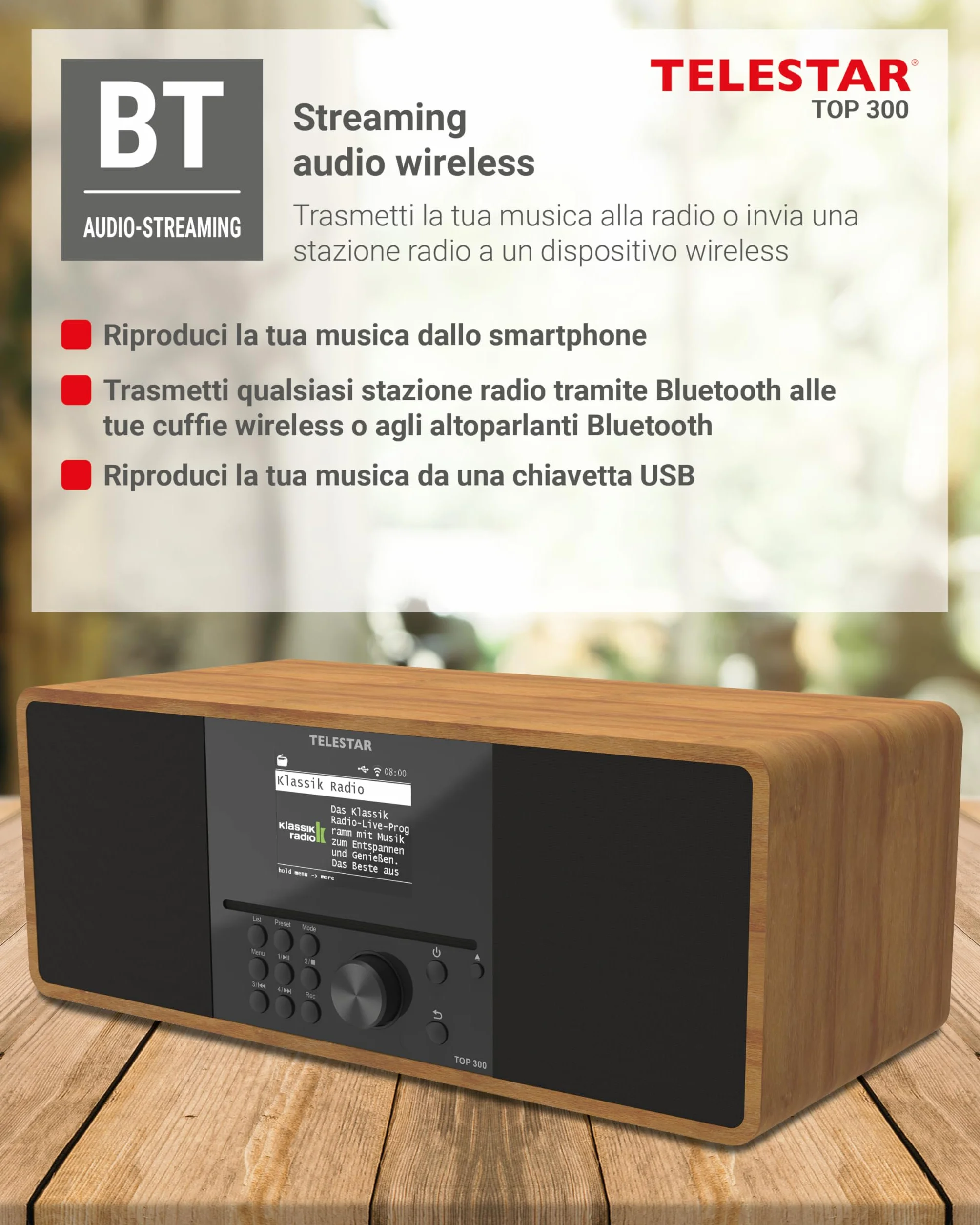 TELESTAR TOP 300 Radio DAB+/Internet con lettore CD stereo 2x15W Bluetooth Audio-Streaming Legno