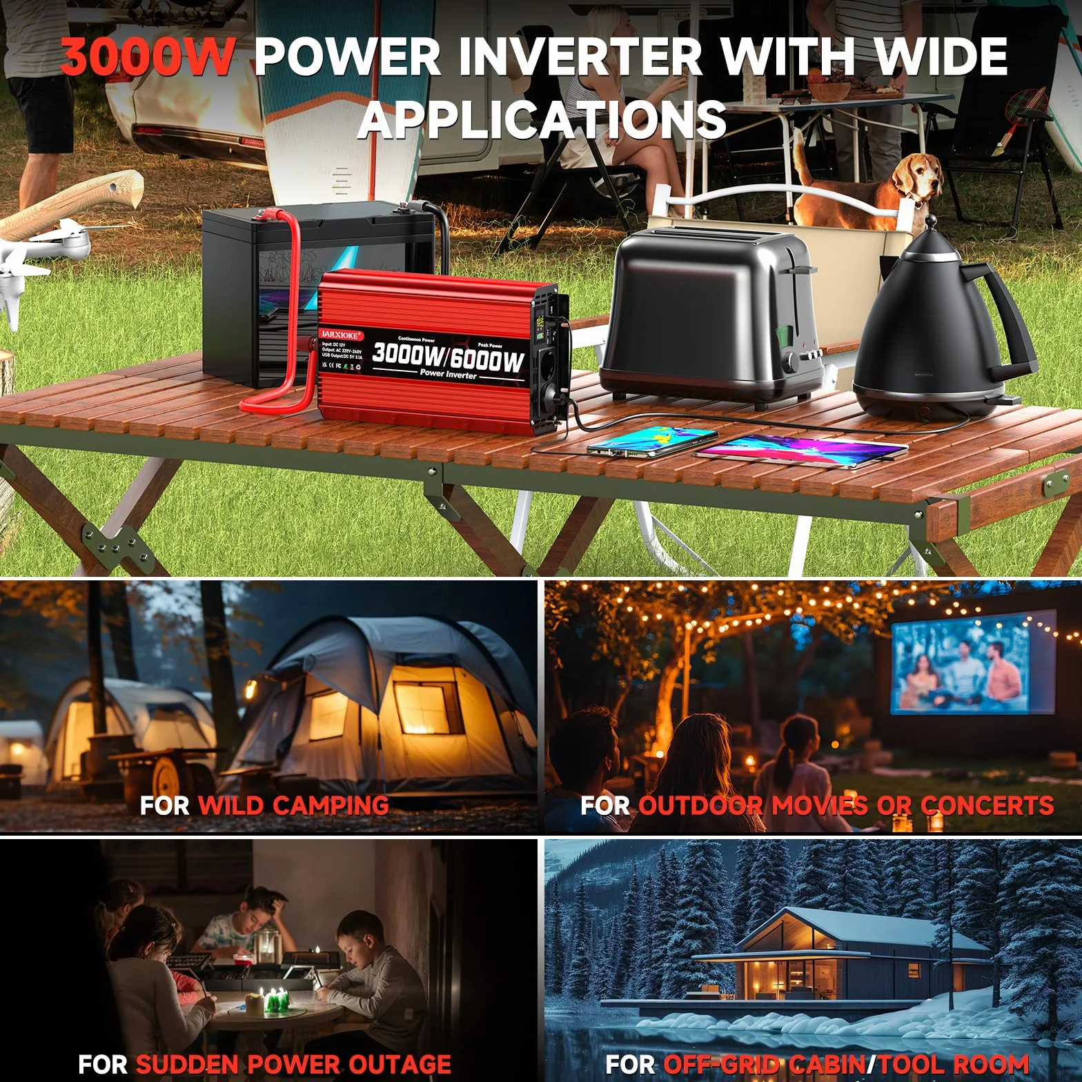 Inverter 3000W 12V 220V Onda Sinusoidale Modificata con Display 2 Prese AC USB per Auto Camper