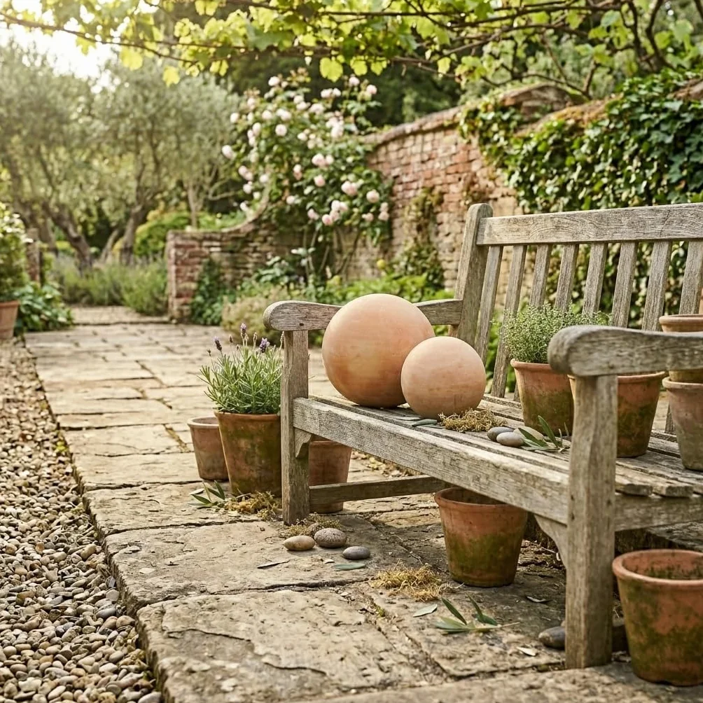 Sfera Decorativa da Giardino Set di 4 in Terracotta (10 cm, 15 cm, 20 cm e 30 cm) di Alta qualità Resistente al Gelo e alle intemperie. Ideale Come Decorazione da Giardino.