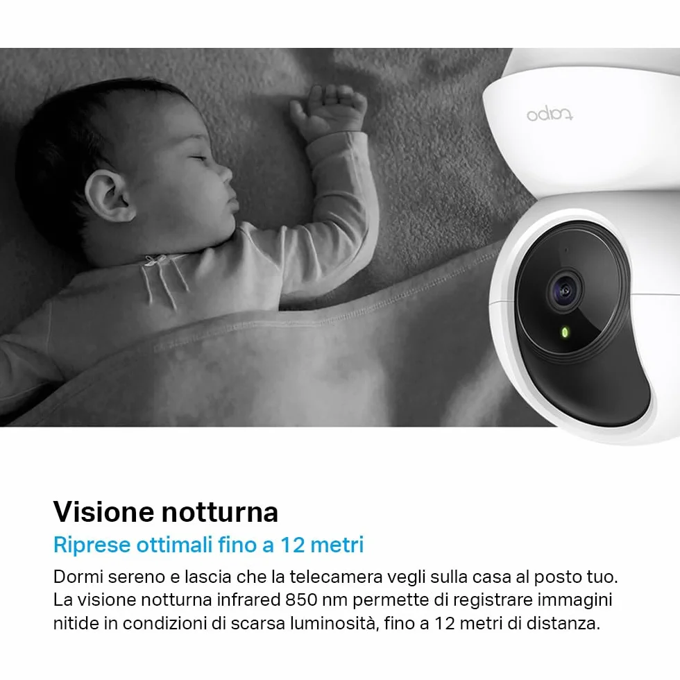 Tapo C200C Telecamera Wi-Fi Interno FHD, Videocamera Sorveglianza 360° Visione Notturna, Audio Bidirezionale, Rilevamento Movimento