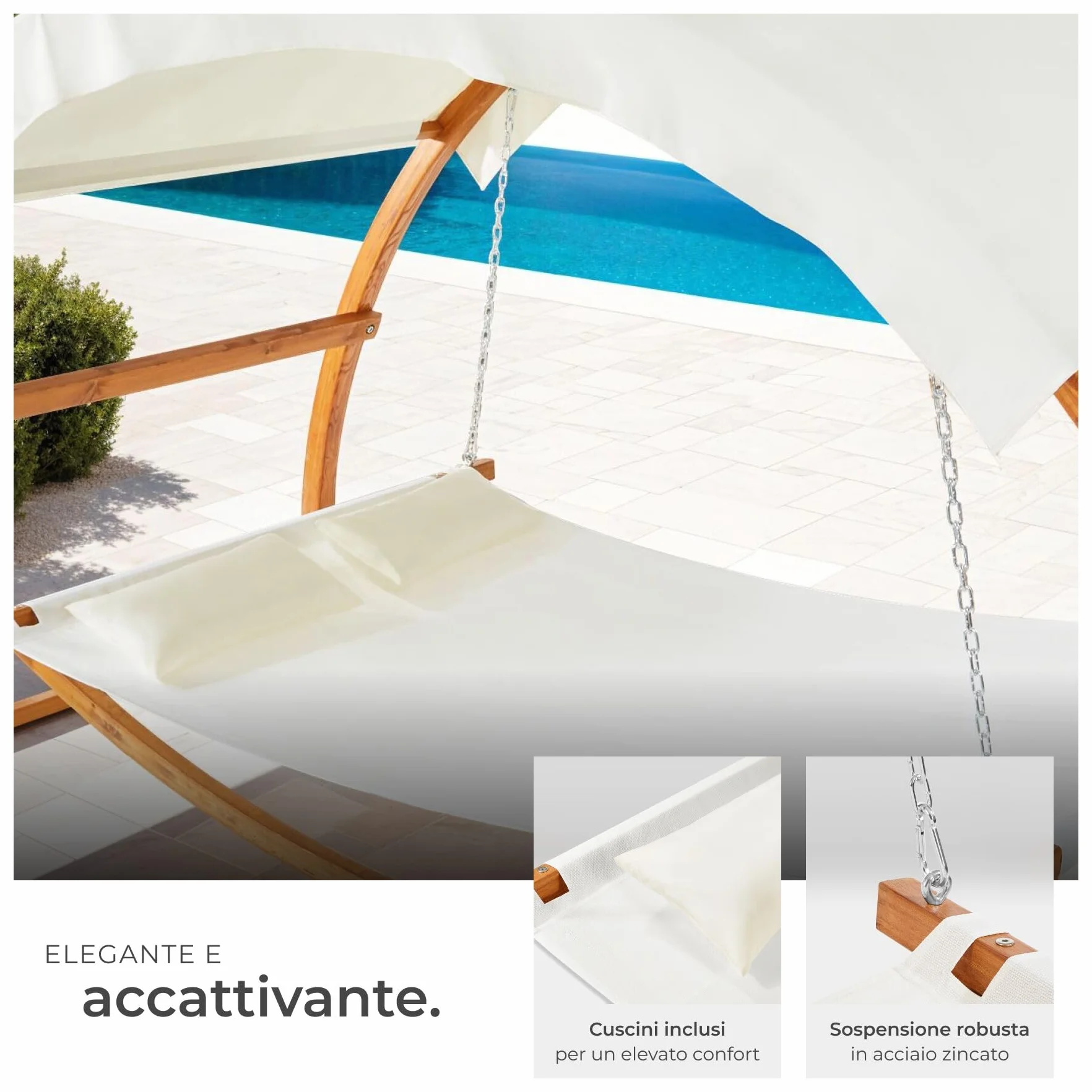 tectake® Amaca da Esterno per 2 Persone, Amaca XXL con Tettuccio Parasole, Struttura in Legno Robusta, Tessuto Traspirante e Idrorepellente, Inclusi Comodi Cuscini, Teak, 328 x 160 x 171,5 cm