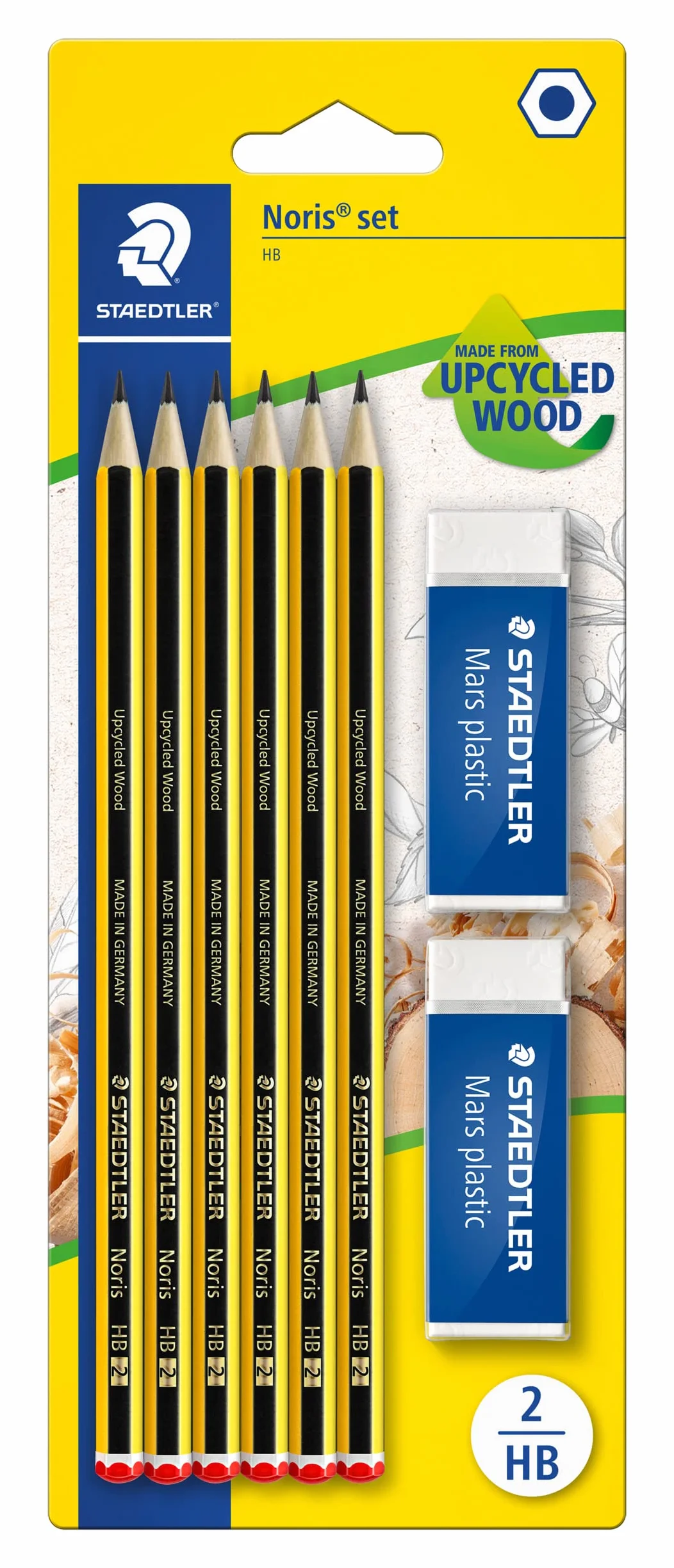 STAEDTLER Noris 120 HB Matite Upcycled Legno Set 6 Matite 2 Gomme Mars Made in Germany