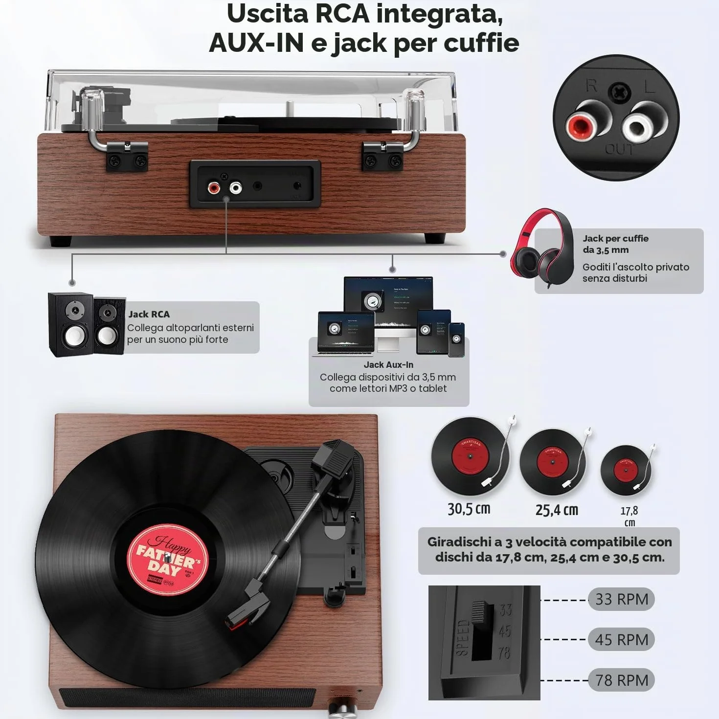 FYDEE Giradischi Vinile Vintage 3 Velocità 33/45/78 Giri Bluetooth Altoparlanti Integrati Auto-Stop RCA AUX Cuffie Mogano