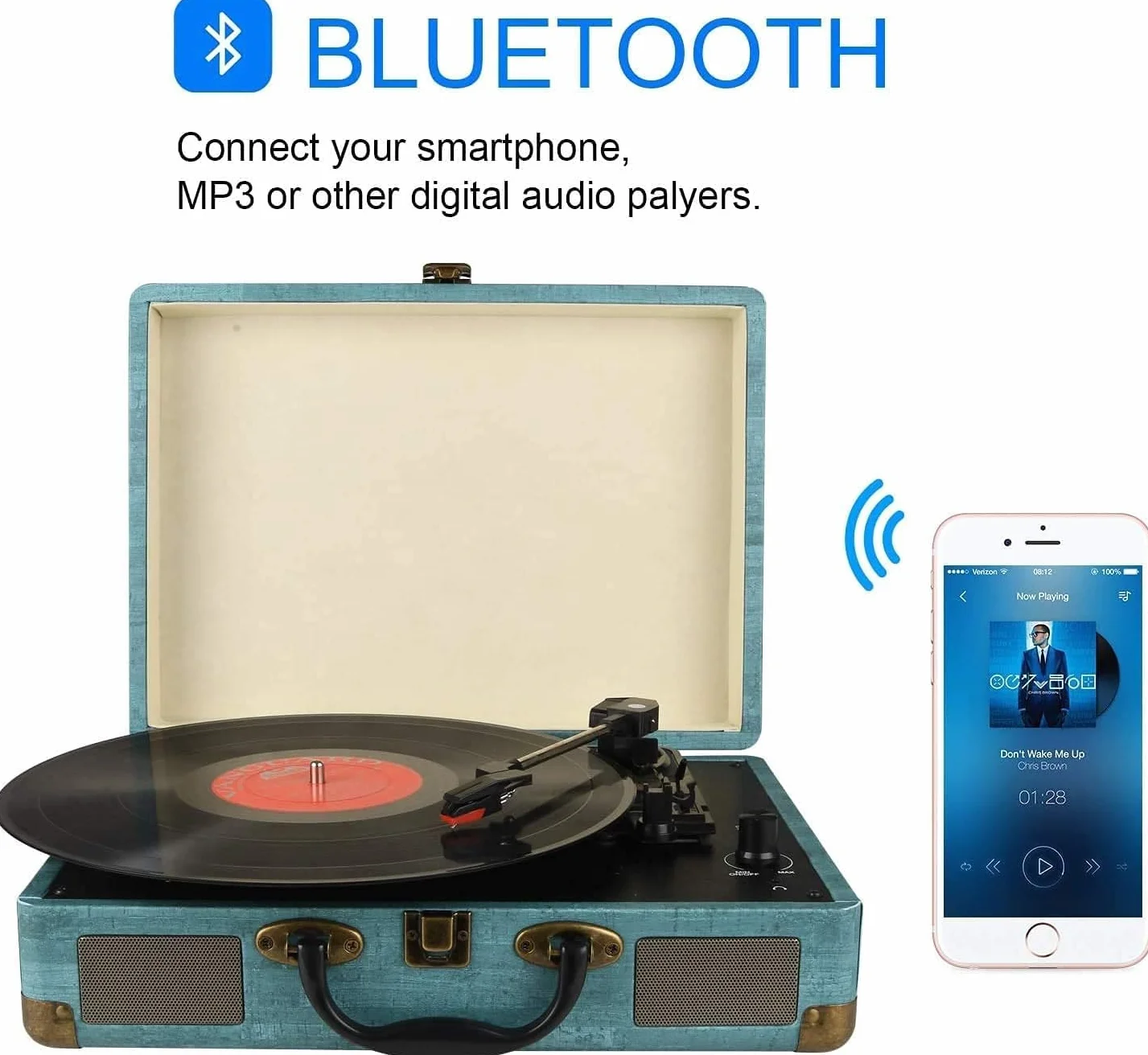 Giradischi Portatile 3 Velocità 33 1/3 45 78 Giri Stereo Bluetooth Altoparlanti Incorporati AUX-IN Jack Cuffie RCA