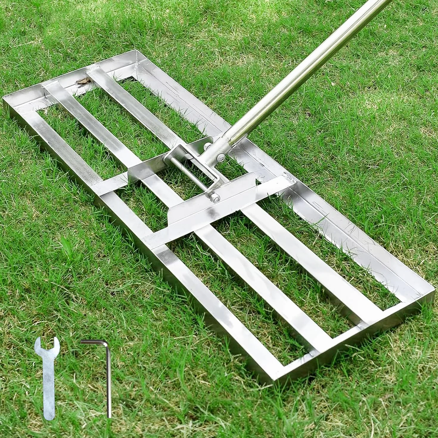 Rastrello livellatore per prato, 28 x 25,4 cm, resistente, manico in acciaio inox, cortile, giardino, campo da golf, facile da usare