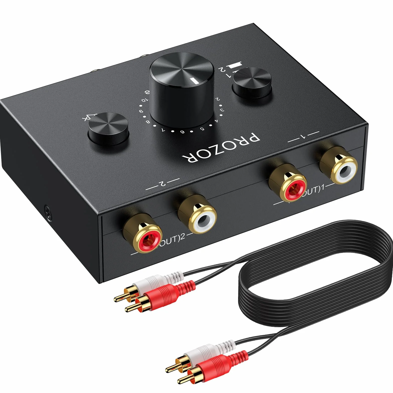 PROZOR Stereo Audio Switch 1 in 2 out / 2 in 1 out Bidirezionale con 1.5m Cavo RCA Tasto Muto