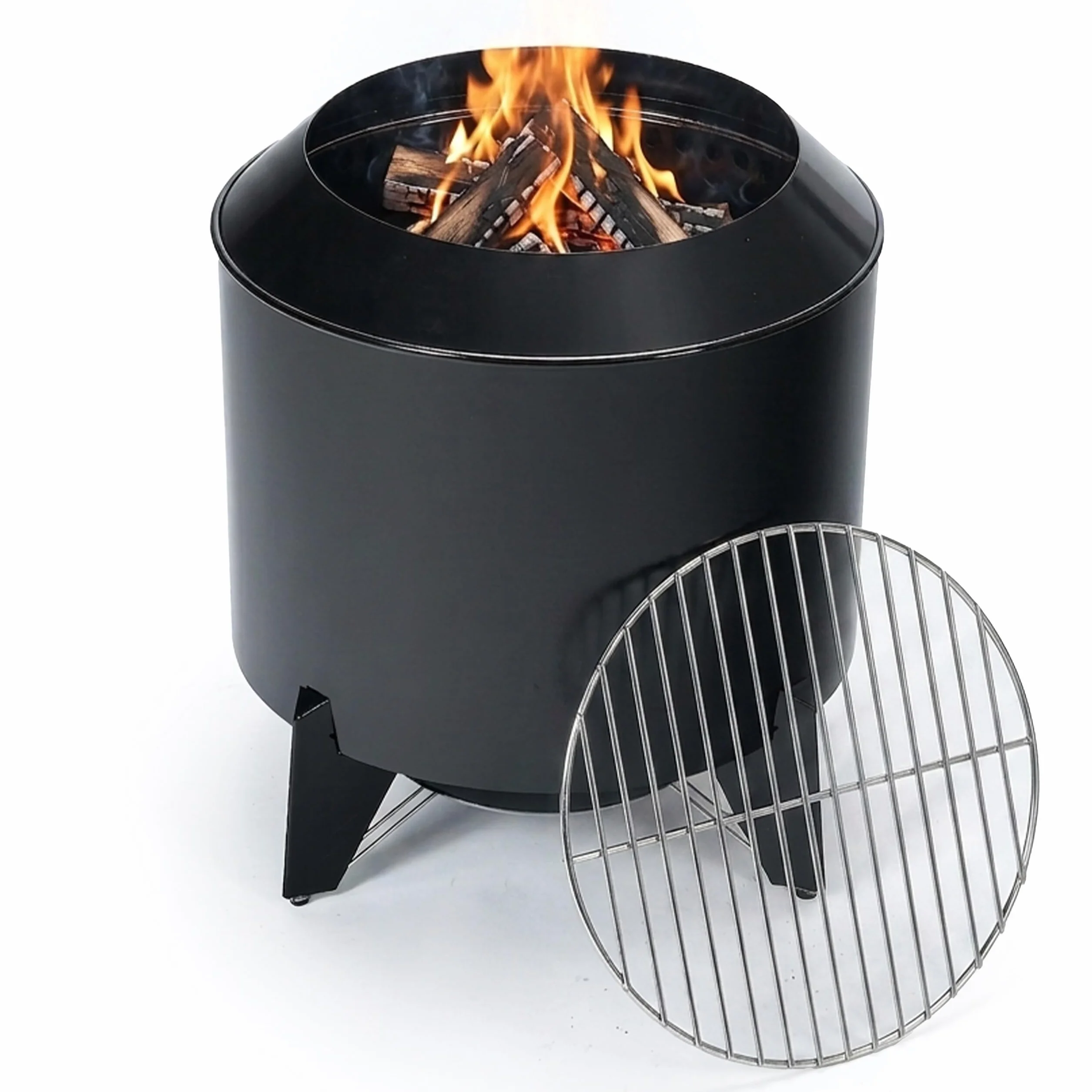 Relaxdays Braciere senza fumo, 2 in 1 con griglia, acciaio, HxØ: 46x52 cm, smaltato, focolare a bassa emissione, nero