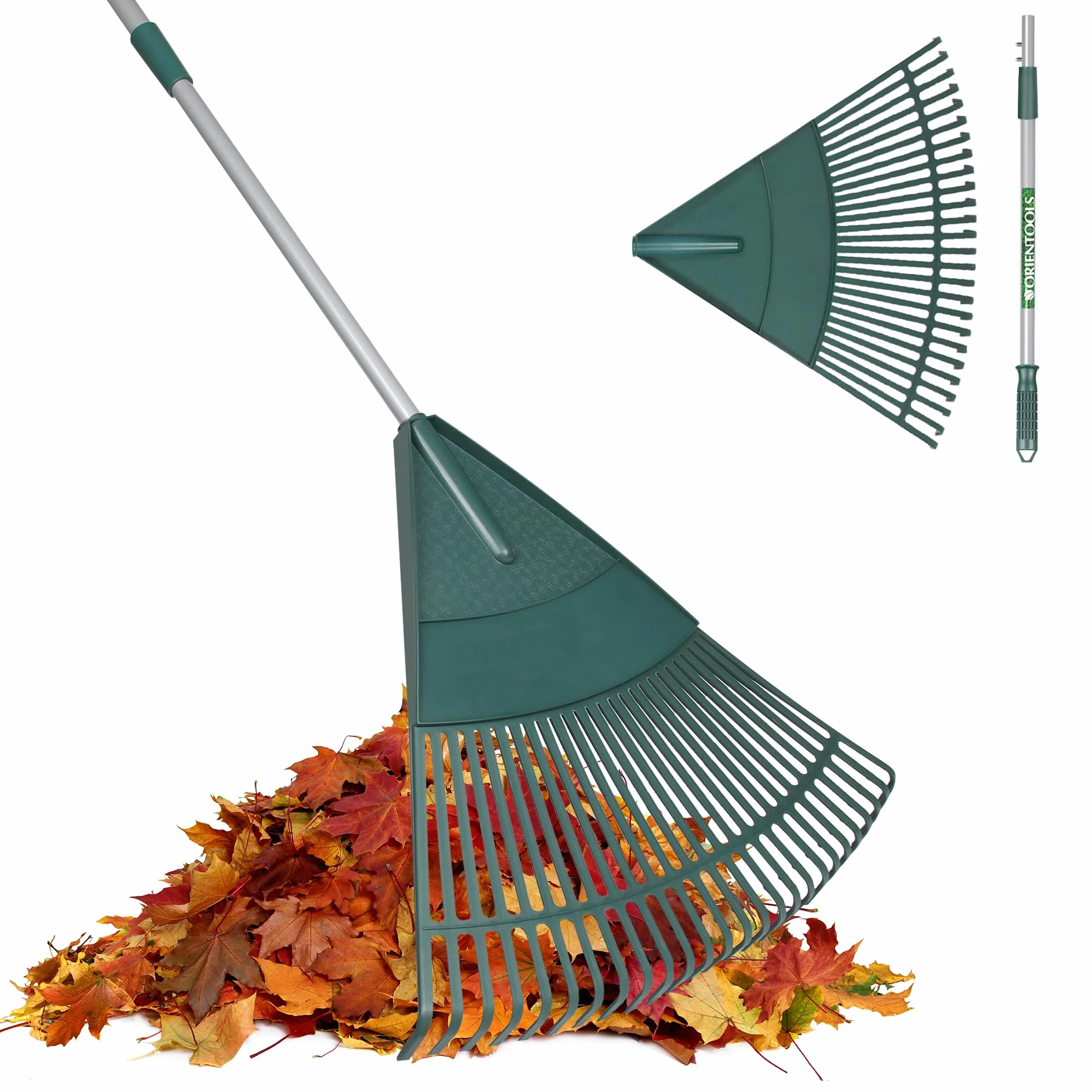 ORIENTOOLS Rastrello per foglie da giardino, manico regolabile in acciaio leggero, impugnatura comoda, testa in plastica, rastrello per arbusti in poliestere, 26 denti, da 110 a 168 cm (manico