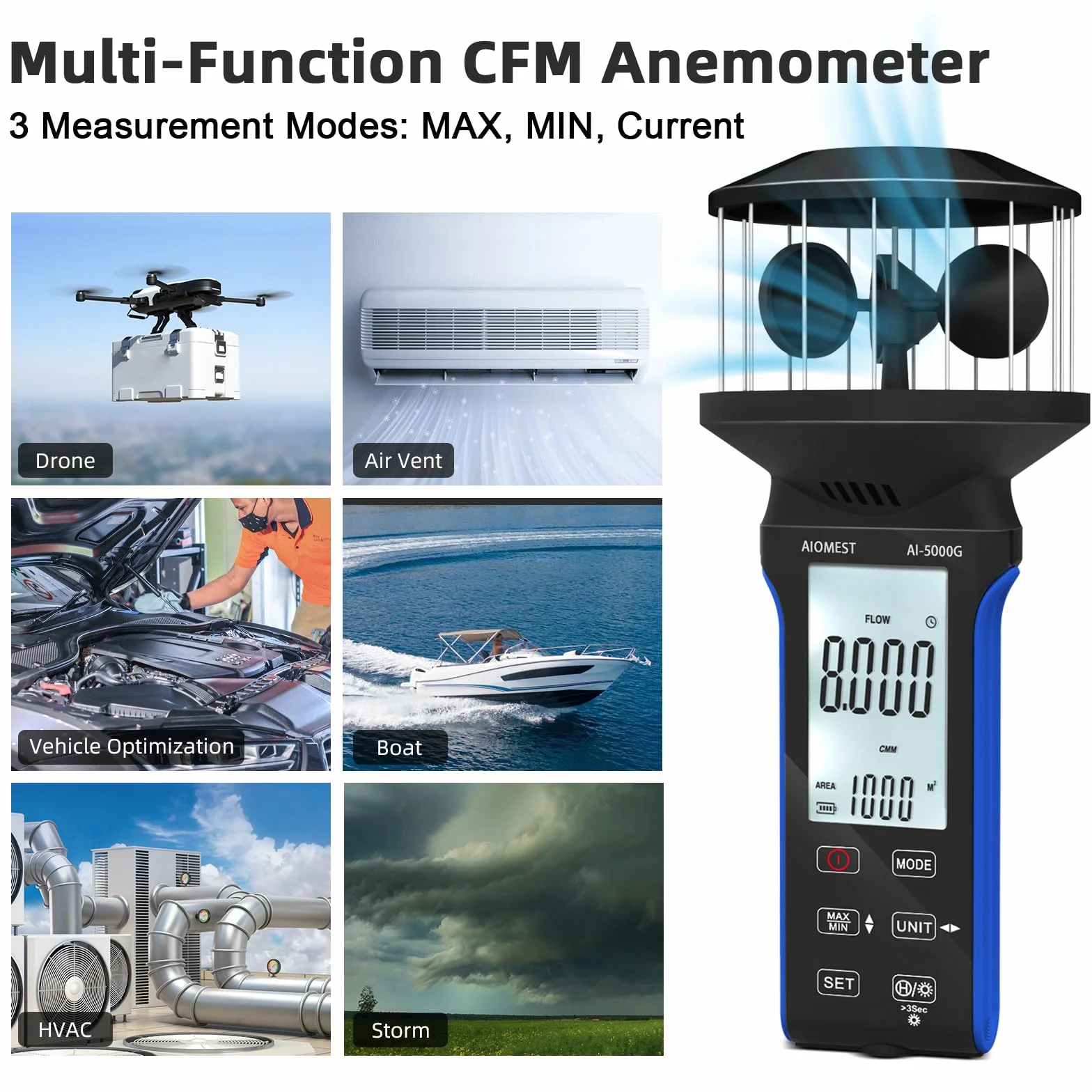 AIOMEST Anemometro Digitale Portatile, Misuratore di Velocità del Vento a 4 Tazze a 360°, Anemometro ad Alta Precisione ±5% con Temperatura (℃/℉), MAX/AVG per Riprese, Vela, Surf, Drone, AI-5000G