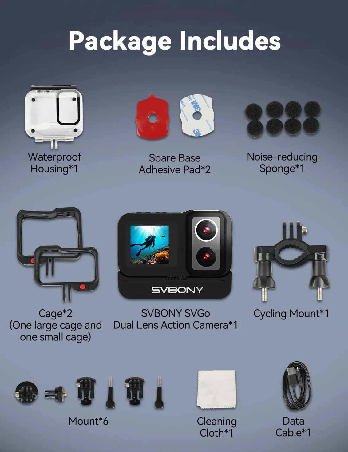 SVBONY SVGo Action Camera 4K30FPS Doppio Obiettivo F2.0/F1.4 Doppio Schermo IPS EIS Impermeabile 30m Batteria 1860mAh