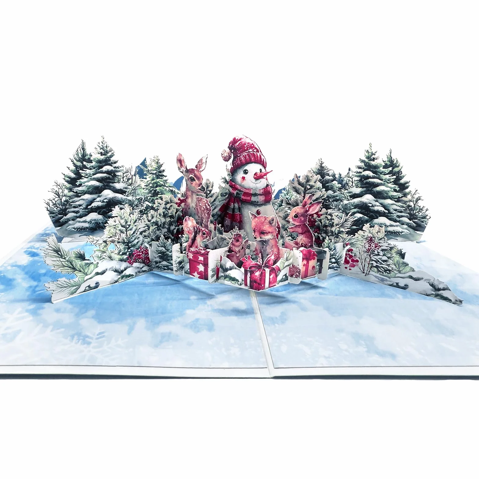 Biglietto di Natale 3D con Busta, Foresta di Pupazzi di Neve, Cartolina Pop Up per Bambini, Regalo per Mamma, Papà