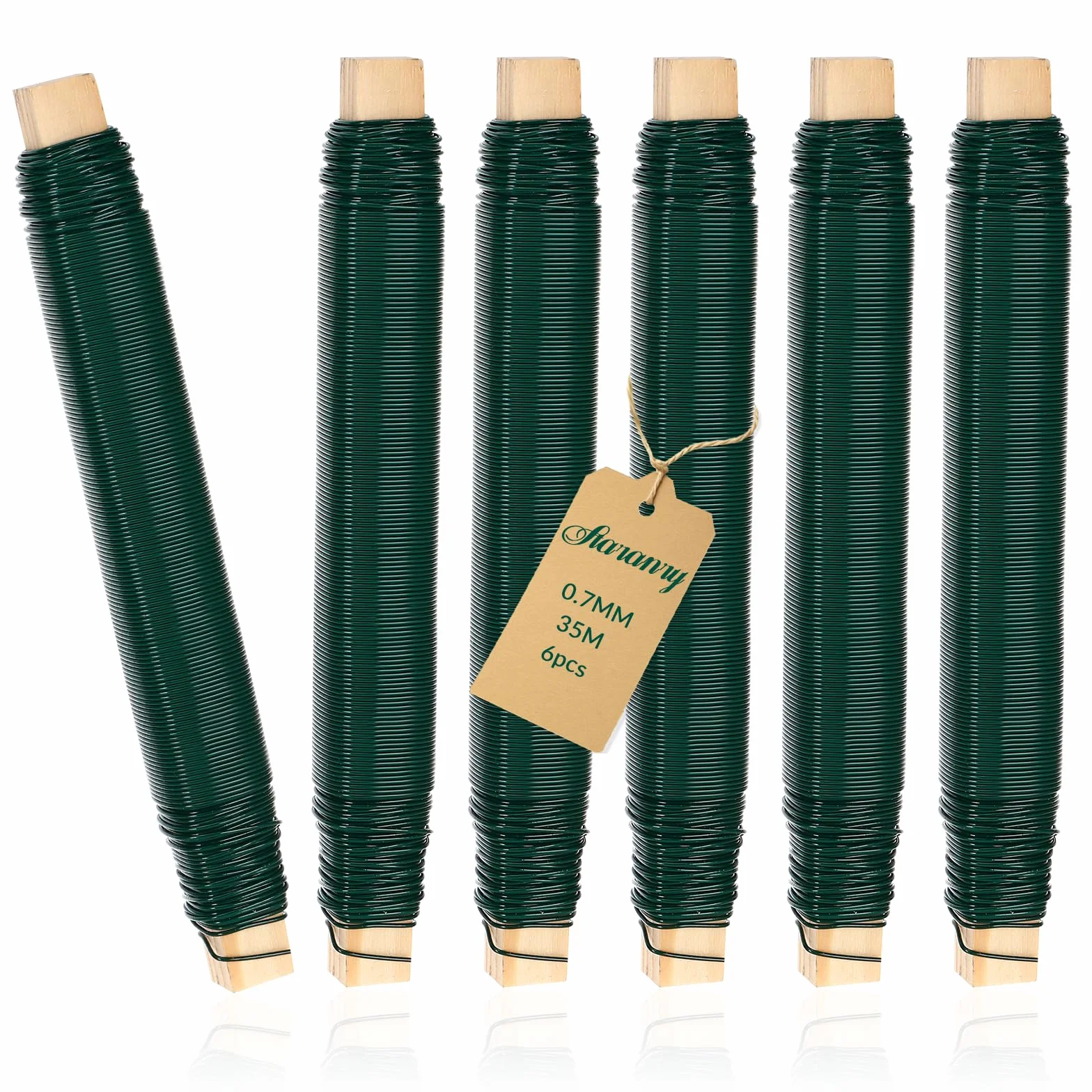 Filo di Ferro Verde per Fiori Set 6 pezzi – 0,70 mm x 35 m Fili per Avvolgere Fiori, Filo Zincato Sottile per Bricolage e Giardinaggio su Rocchetto in Legno, per Fissare Piante, Fiori