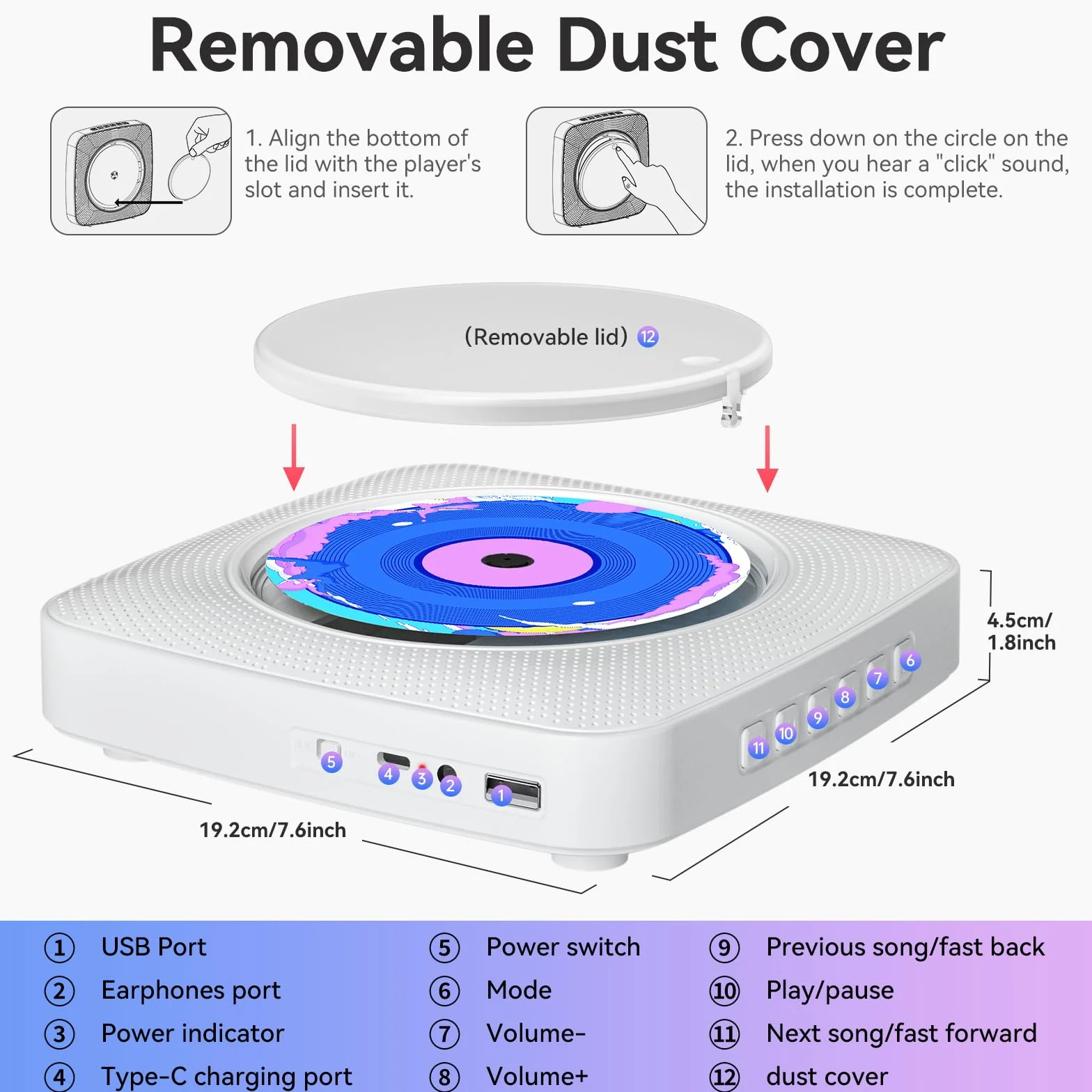 Lettore CD Portatile Bluetooth Kegaudio con Altoparlante USB/AUX Presa per Cuffie Bianco