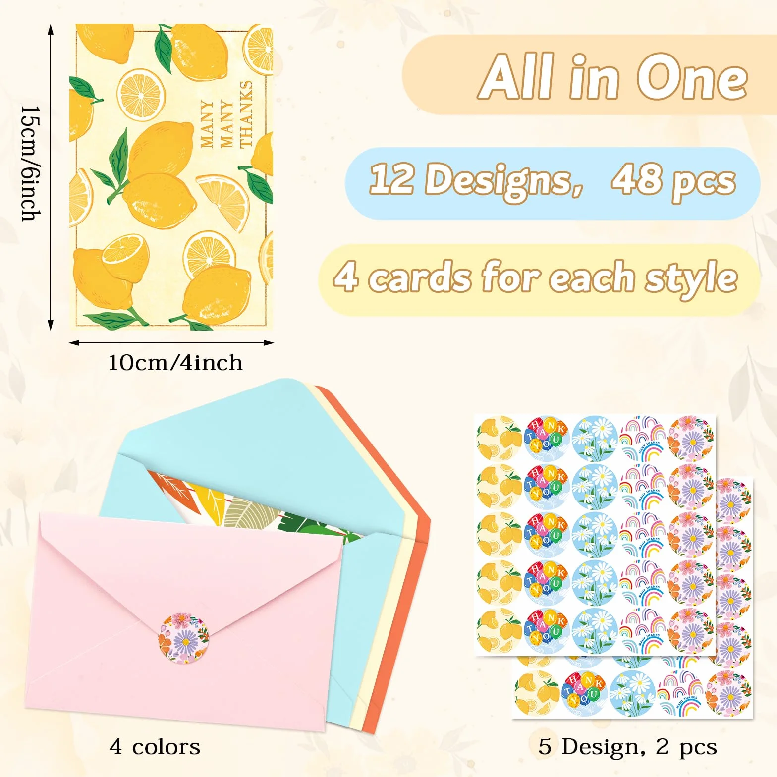 48 Pezzi Biglietti di Ringraziamento in Assortimento, 12 Design Unici con 50 Adesivi e 48 Buste, Carta 4x6in