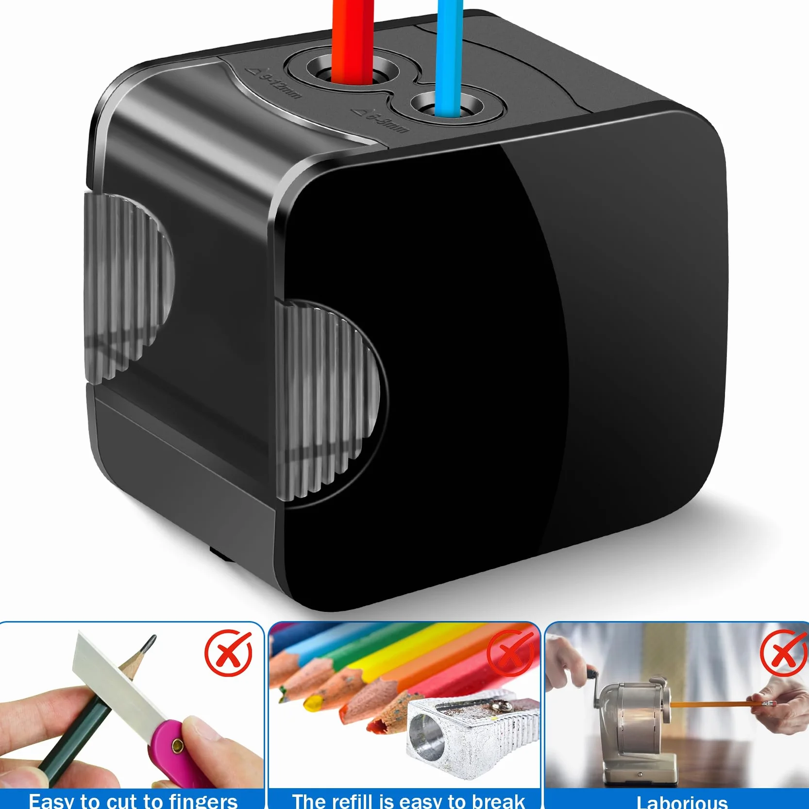 Temperamatite Elettrico USB Professionale Doppio Foro 6-12mm, 4 Lame, Serbatoio per Scuola Ufficio