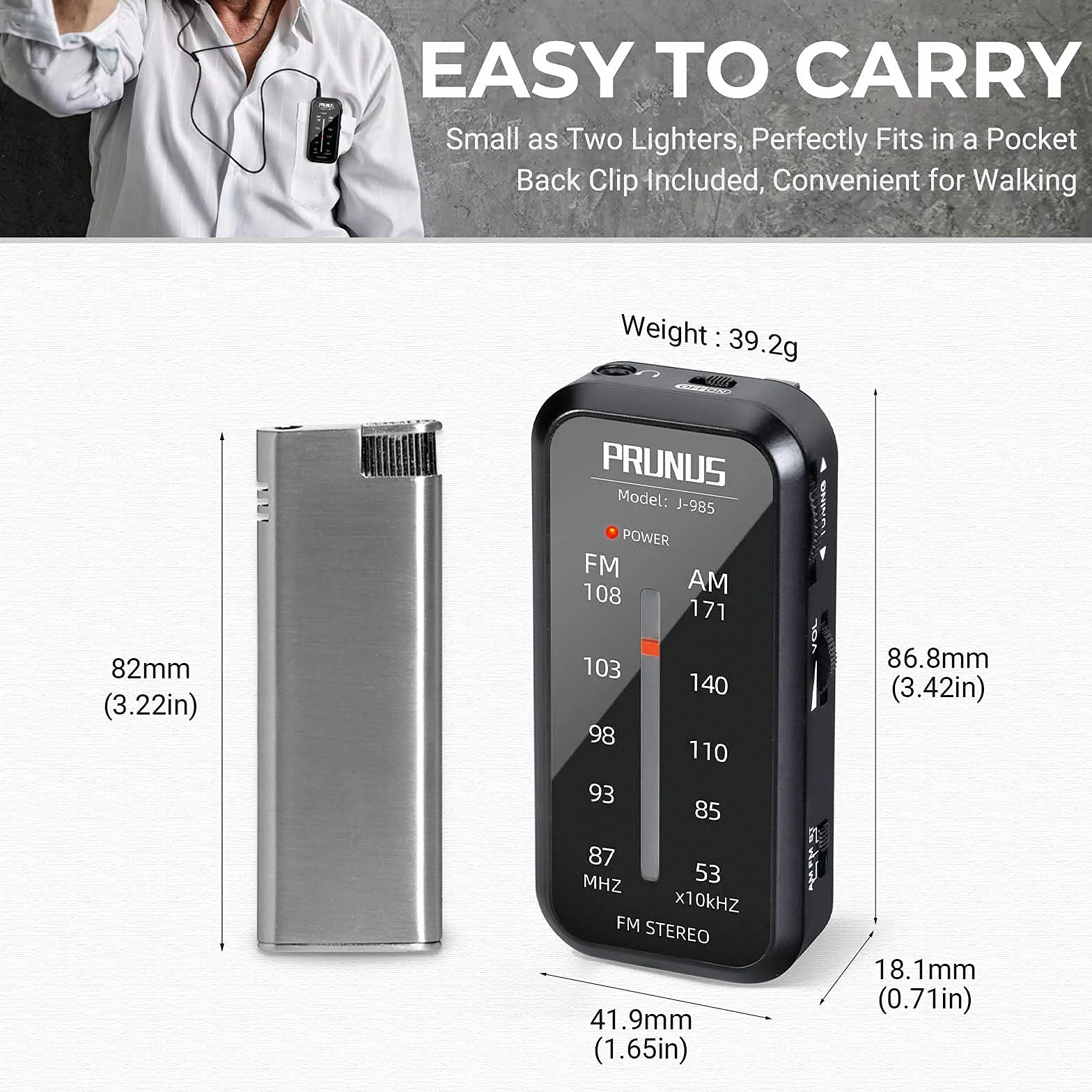PRUNUS J-985 Mini Radio Portatile FM/AM Stereo Tascabile con Cuffie e Clip
