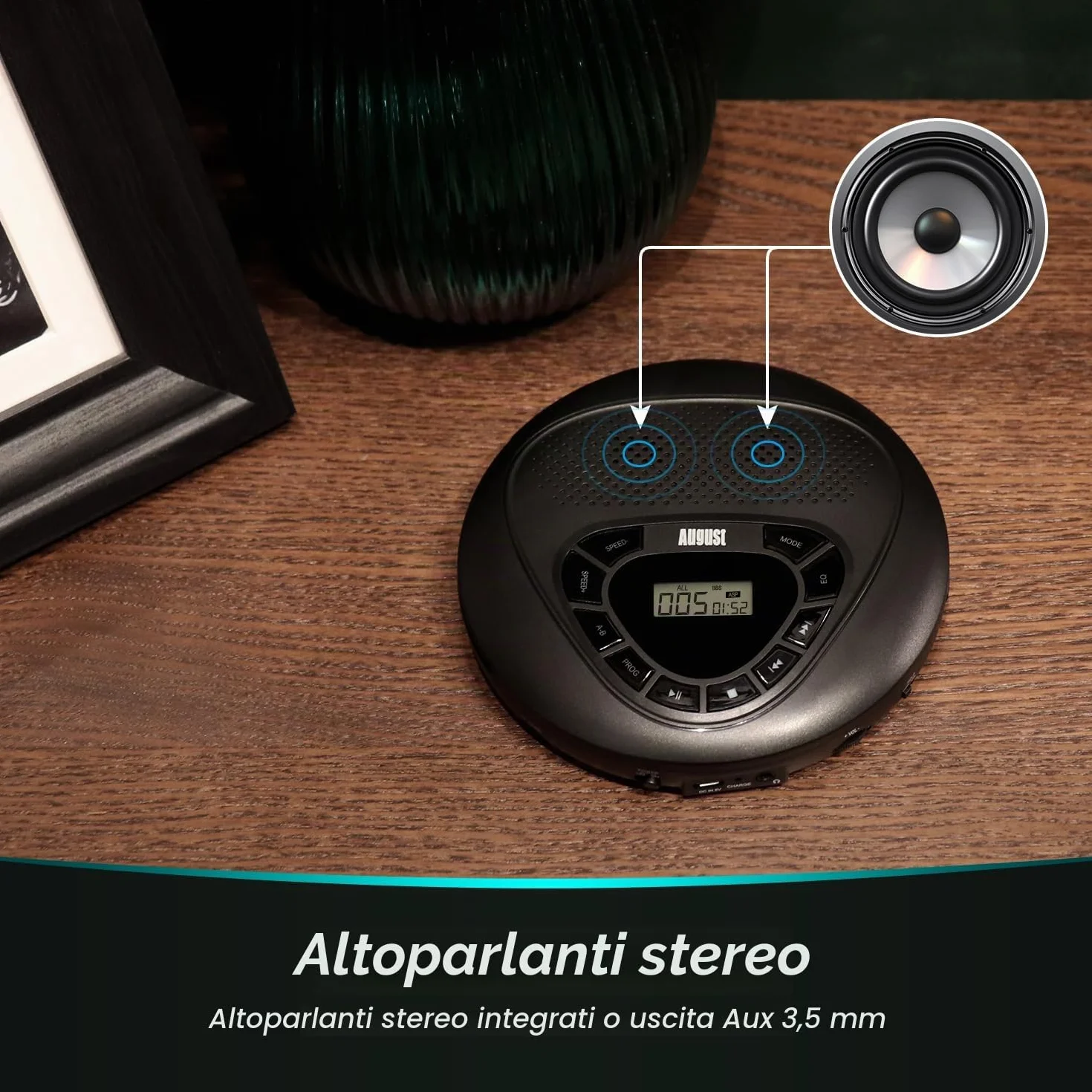 August SE10 Lettore CD Portatile con Altoparlanti, Batteria Ricaricabile, Anti-shock, Aux out, Micro SD, Nero