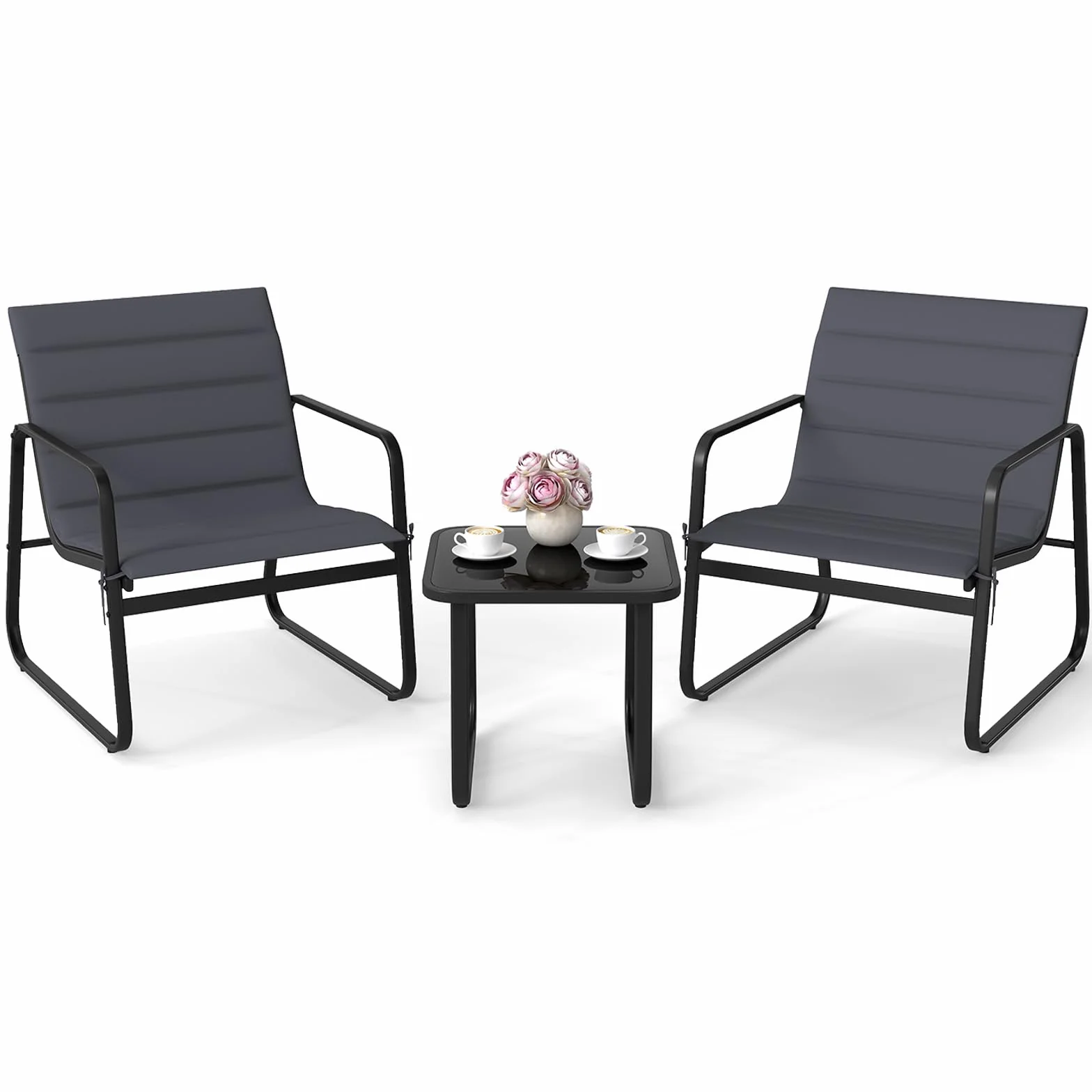 COSTWAY Set Tavolino e Sedie da Giardino, Set Bistrò 3 Pezzi con Cuscini Rimovibili, Tavolo in Vetro Temperato, Struttura in Metallo, per Patio, Cortile e Piscina (Modello 3)