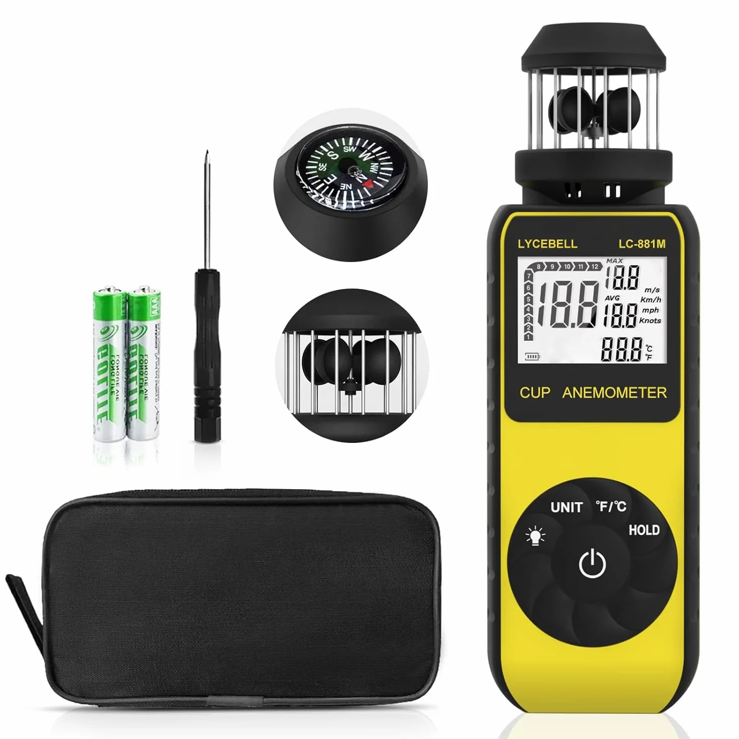 ‌Anemometro Digitale Portatile LC-881M, Misuratore di Velocità del Vento e Temperatura con Bussola Integrata, 360° Direzione Vento per Esterni, Droni, Nautica, Surf, Pesca, Montagna‌